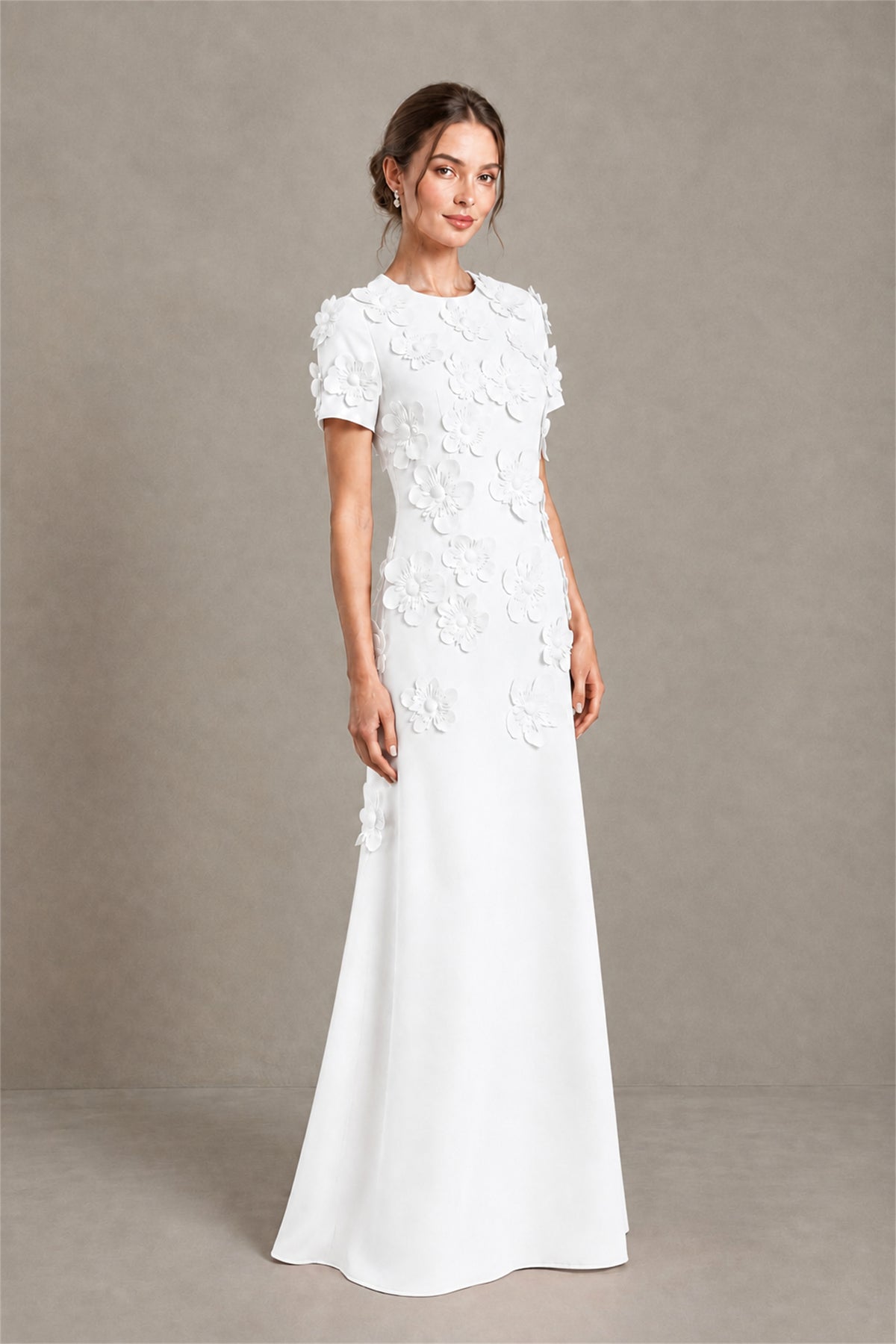 BOLODOO White Textured Floral Maxi Dress with Short Sleeves - White