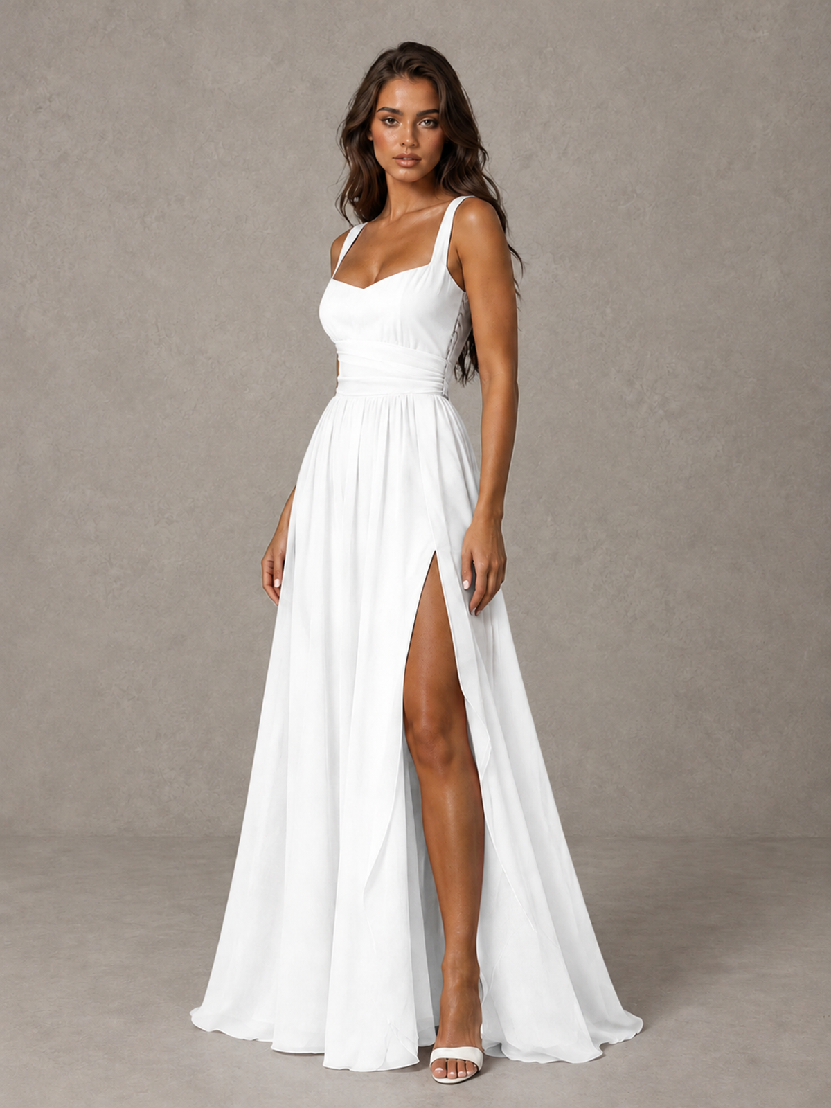 BOLODOO White A-Line Bridesmaid Dress with High Slit & Lace-Up Back - White - White (3)