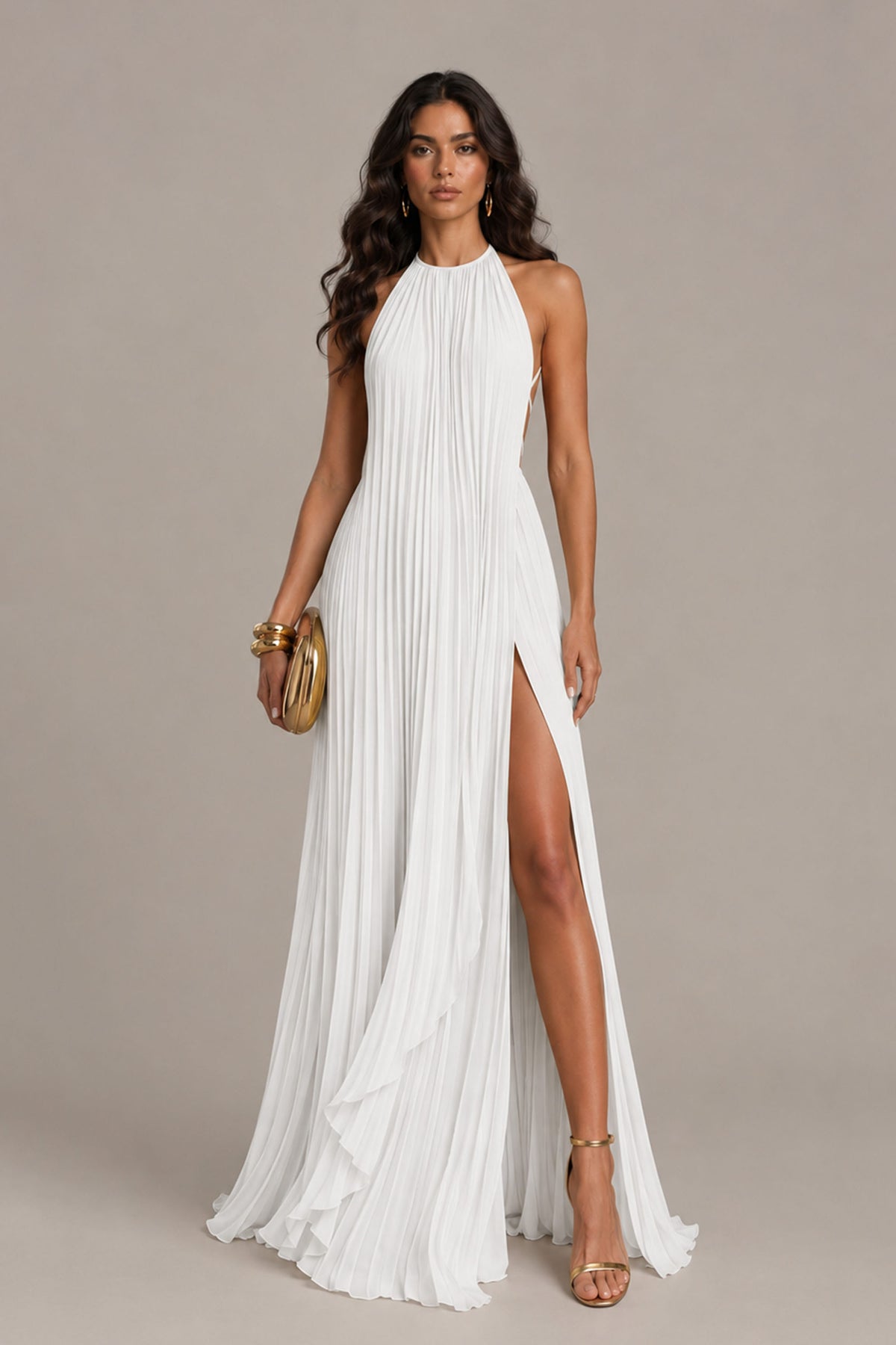 BOLODOO White Halter Neck Pleated Chiffon Maxi Dress with Side Slit - White