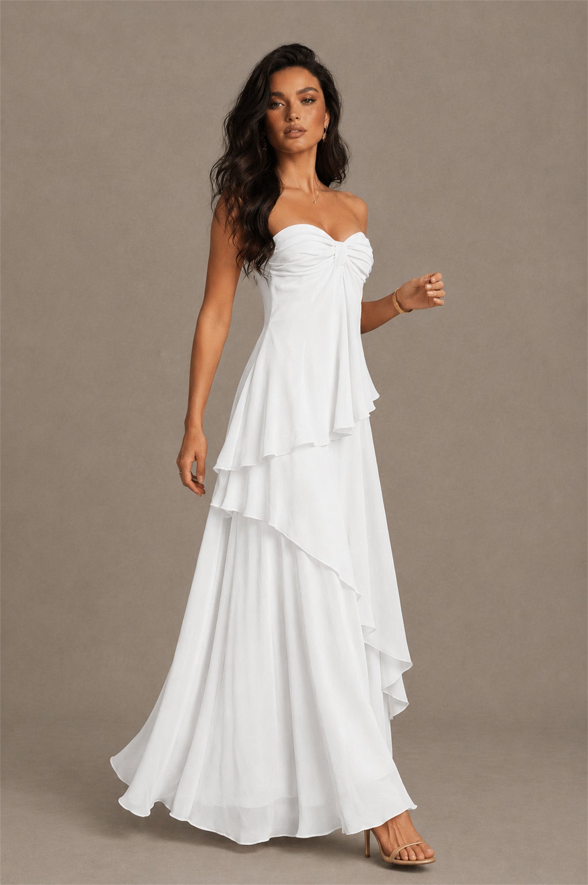 BOLODOO White Strapless Sweetheart Knotted Chiffon Tiered Maxi Dress with Lace-Up Back - White