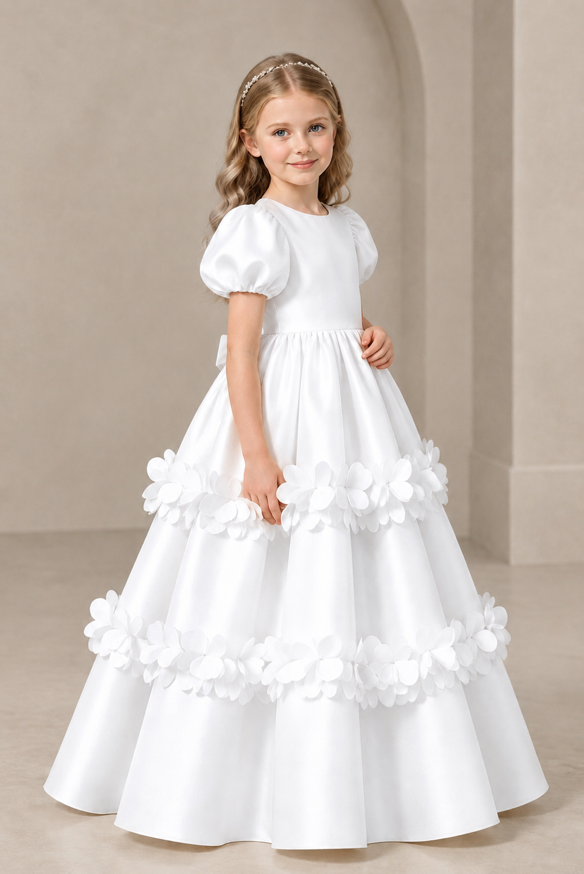 BOLODOO White Satin Flower Girl Dress with Floral Appliques - White