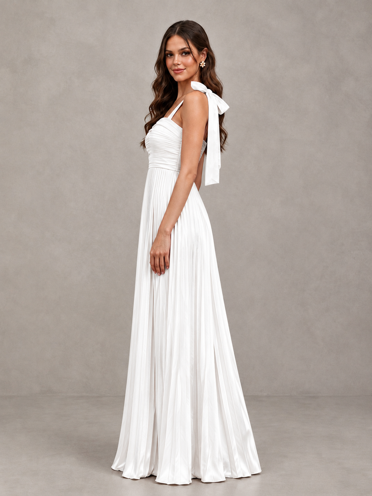 BOLODOO White Pleated Bow-Strap Bridesmaid Maxi Dress - White - White (3)