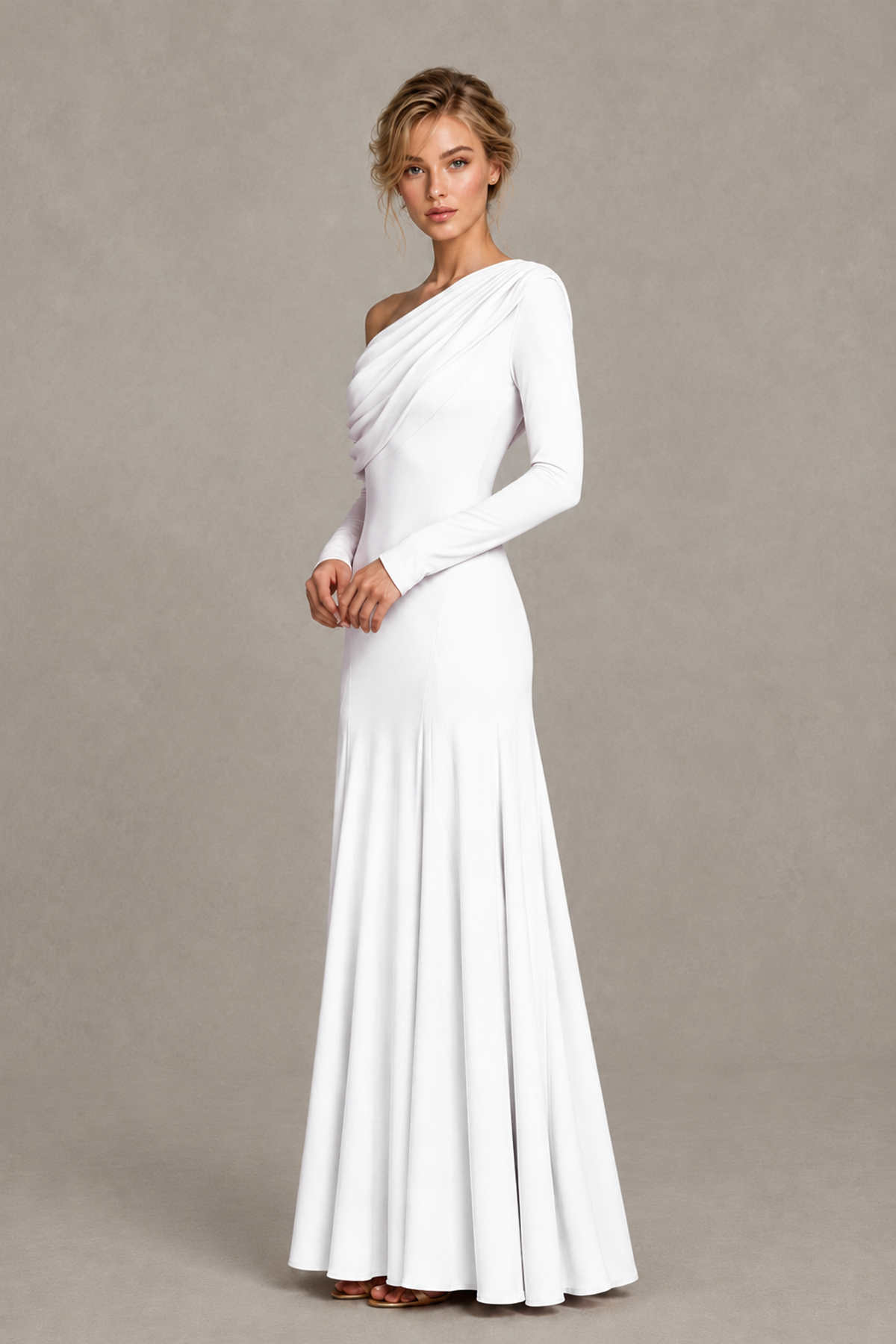 BOLODOO White Asymmetric Draped Long Sleeve Evening Gown - White