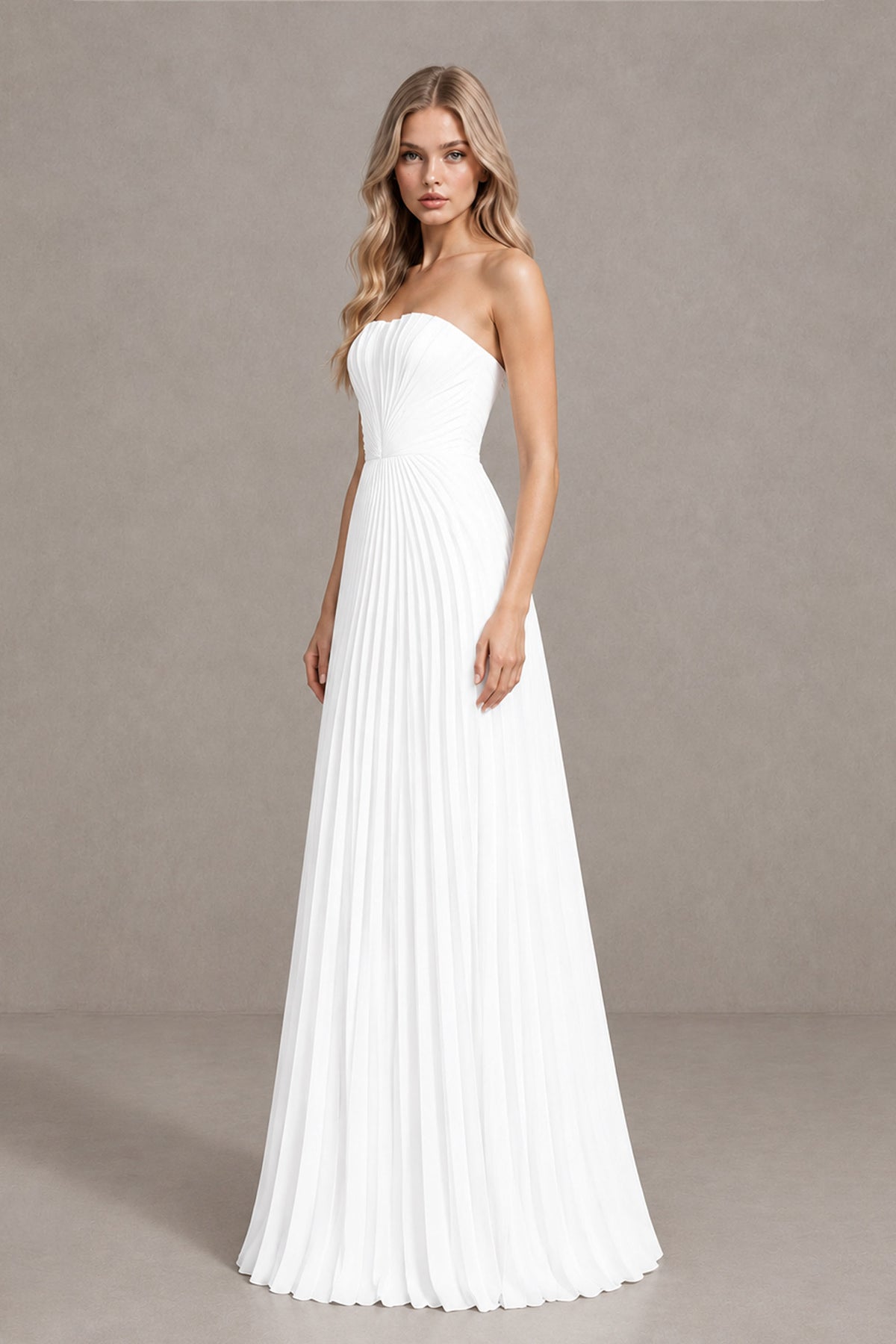 BOLODOO White Strapless Sunburst Pleated Twisted Knot Lace-Up Back Accordion Pleated Chiffon Maxi Dress - White