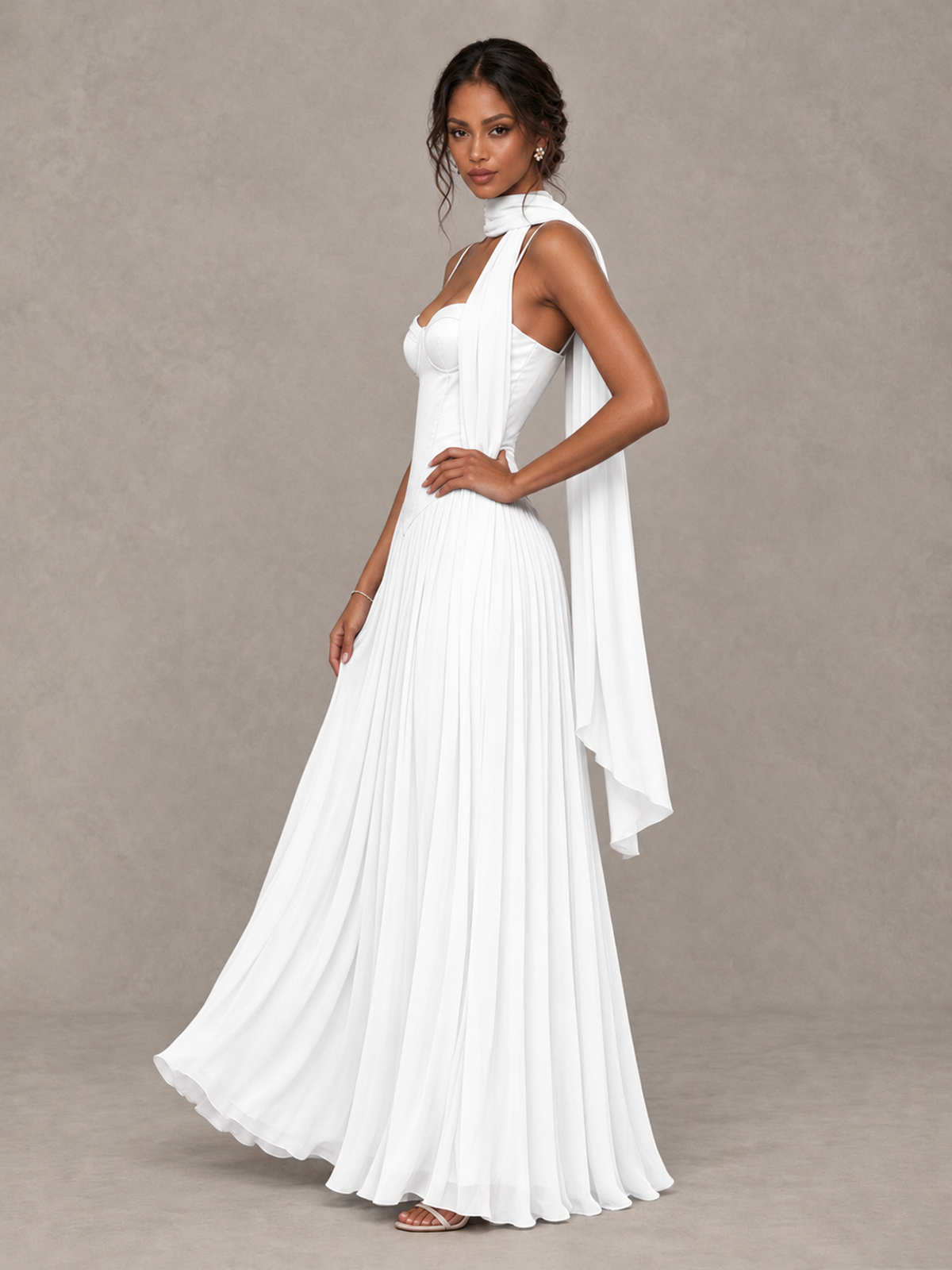 BOLODOO White Corset Bridesmaid Dress with Scarf - White - White (3)