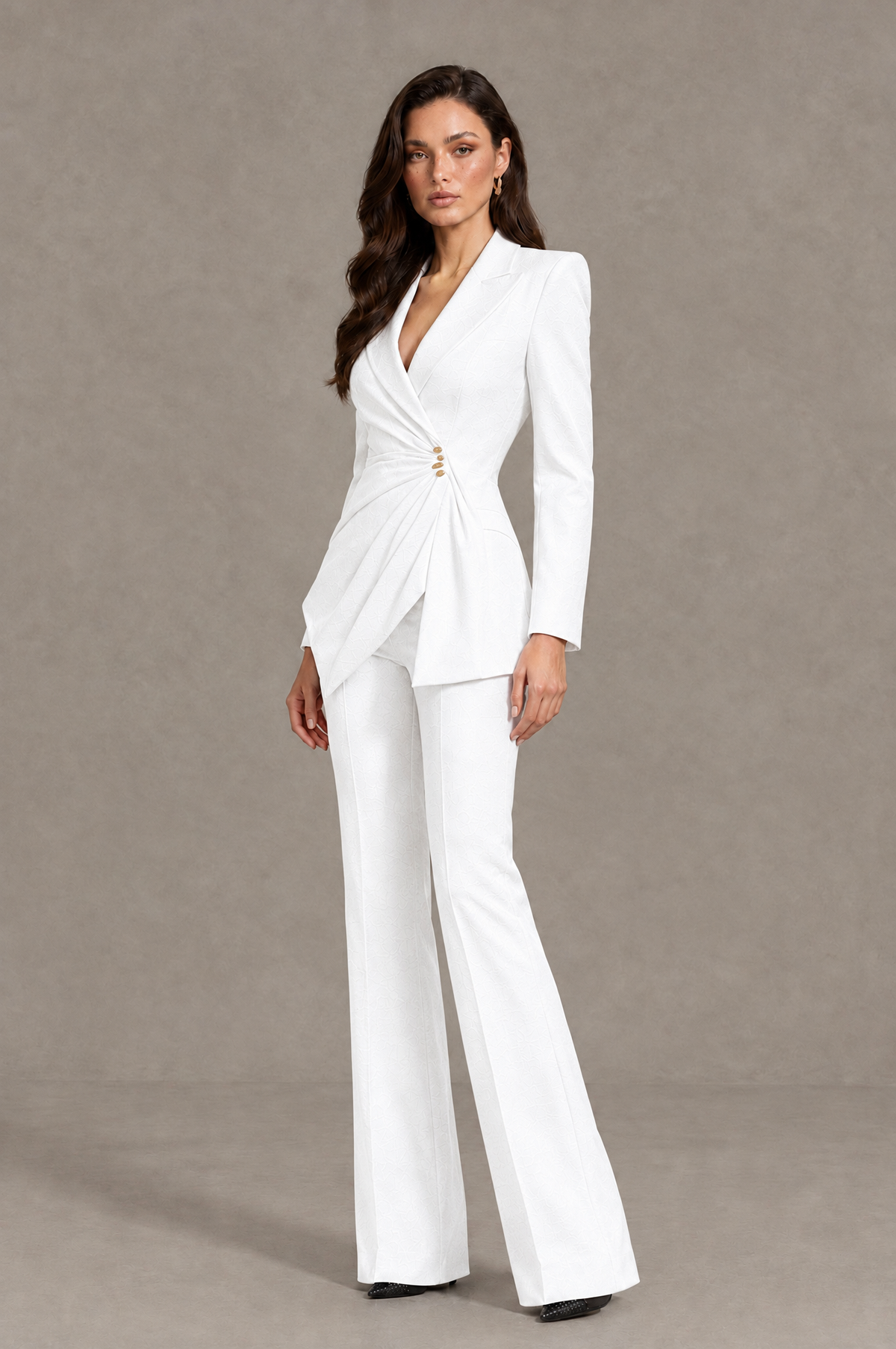 BOLODOO White Long Sleeve Wrap Blazer Pantsuit with Wide-Leg Trousers - White - White (3)