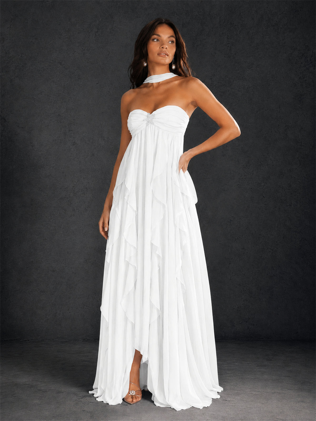 BOLODOO White Halter Neck Cascading Ruffle Chiffon Maxi Dress | Keyhole Open Back - White