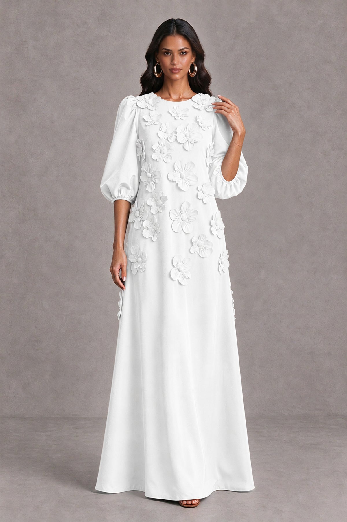 BOLODOO White Floral Applique Puff Sleeve A-Line Evening Dress - White - White (3)