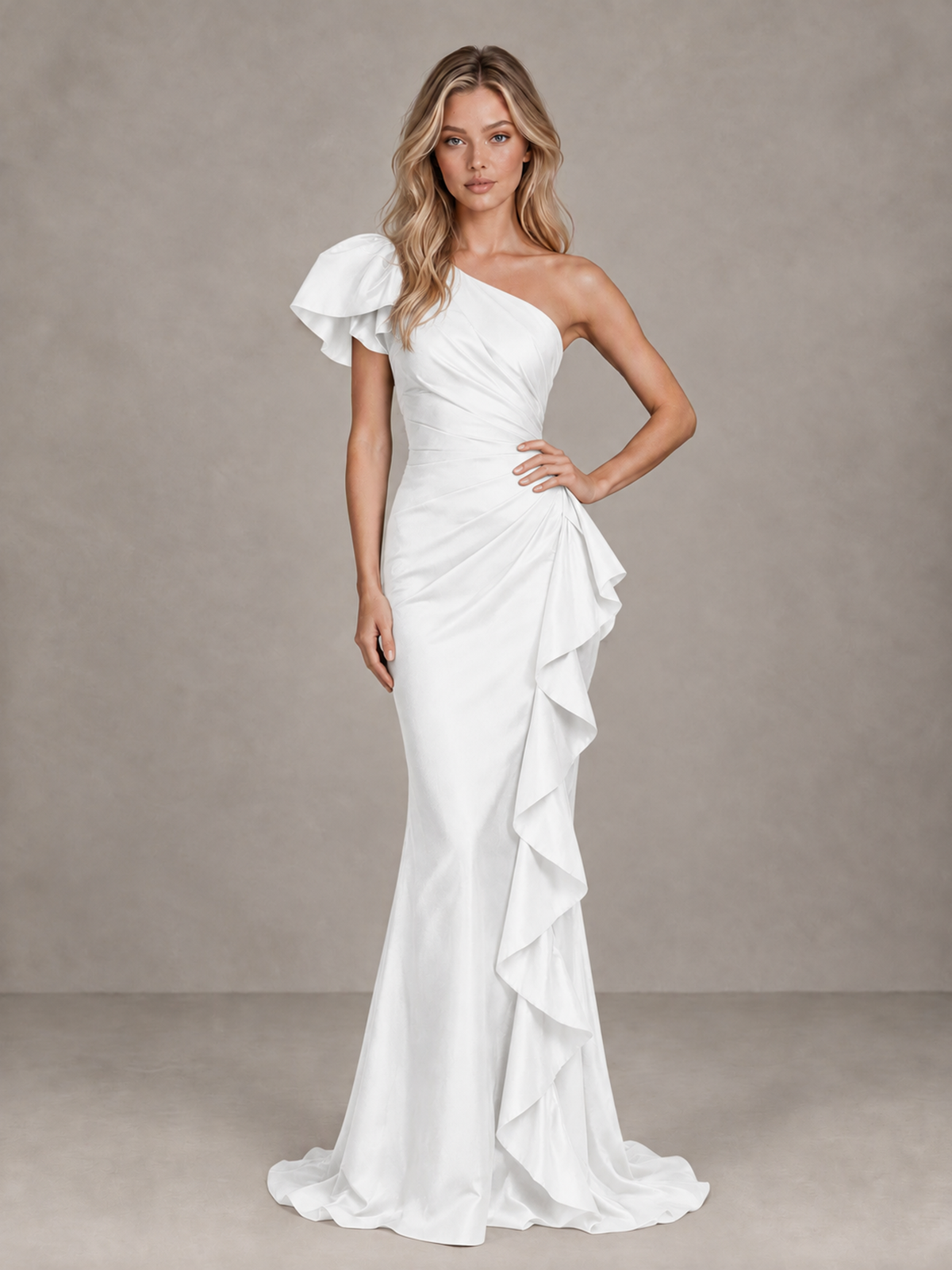 BOLODOO White One-Shoulder Satin-Look Mermaid Evening Dress with Ruffles - White - White (3)