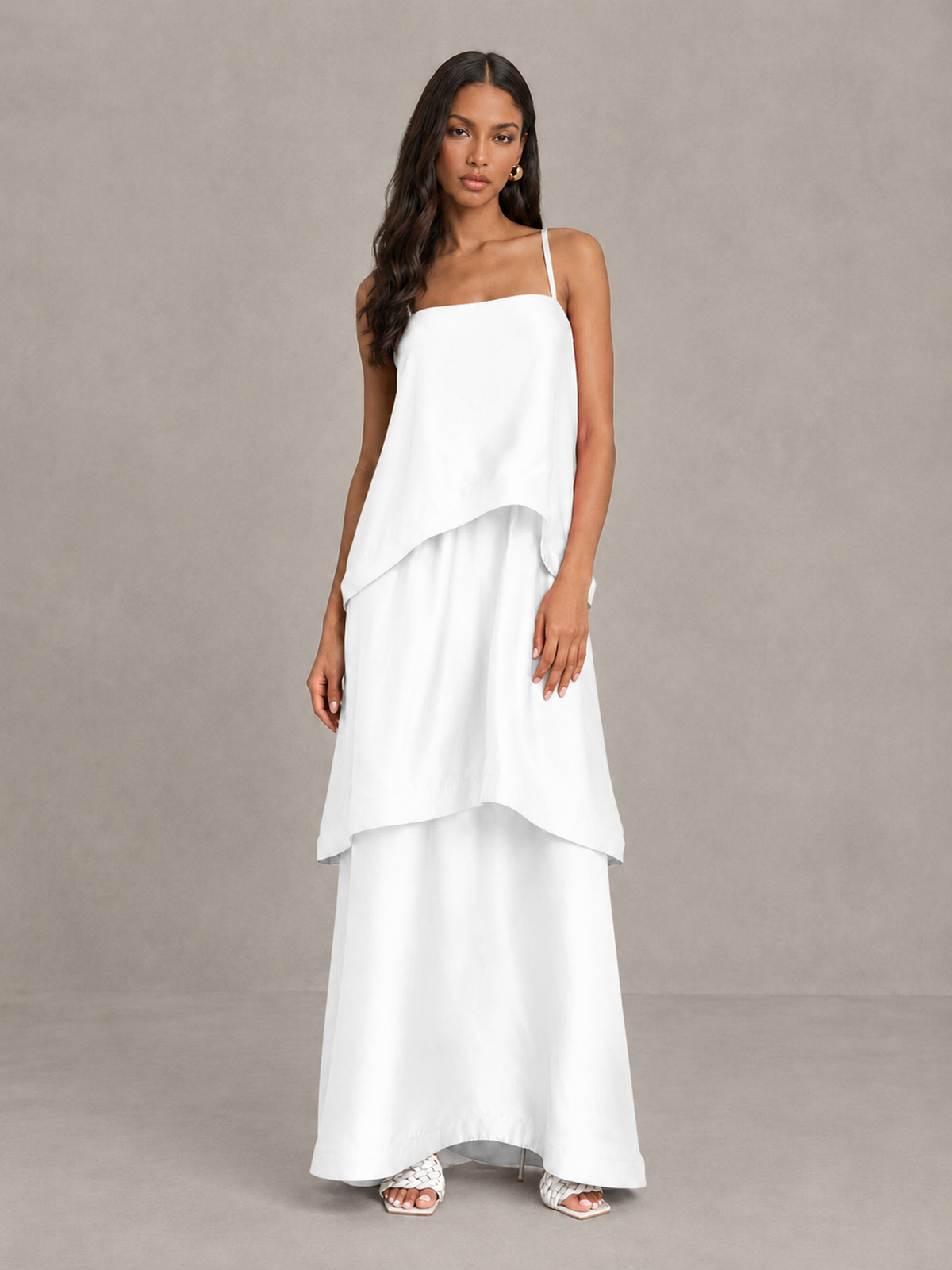 BOLODOO White Satin Tiered Maxi Dress with Spaghetti Straps - White
