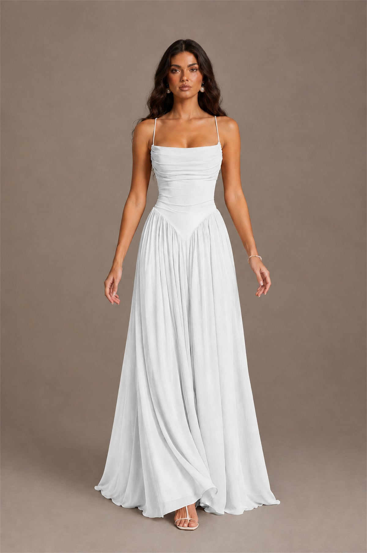 BOLODOO White Spaghetti Strap Square Neck Ruched Chiffon Maxi Dress with Lace-Up Back - White