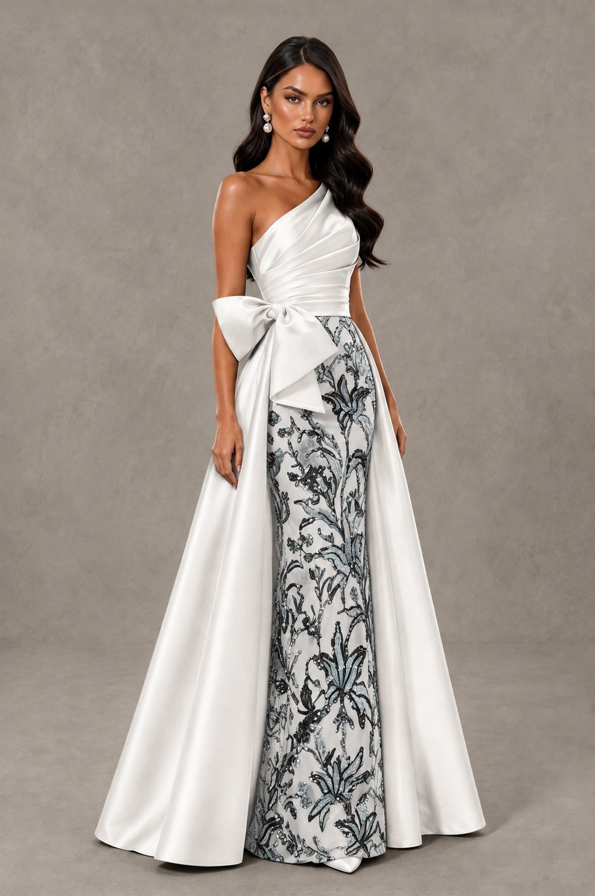 BOLODOO White One Shoulder Satin Mermaid Formal Evening Gown with Bow - White - White (3)