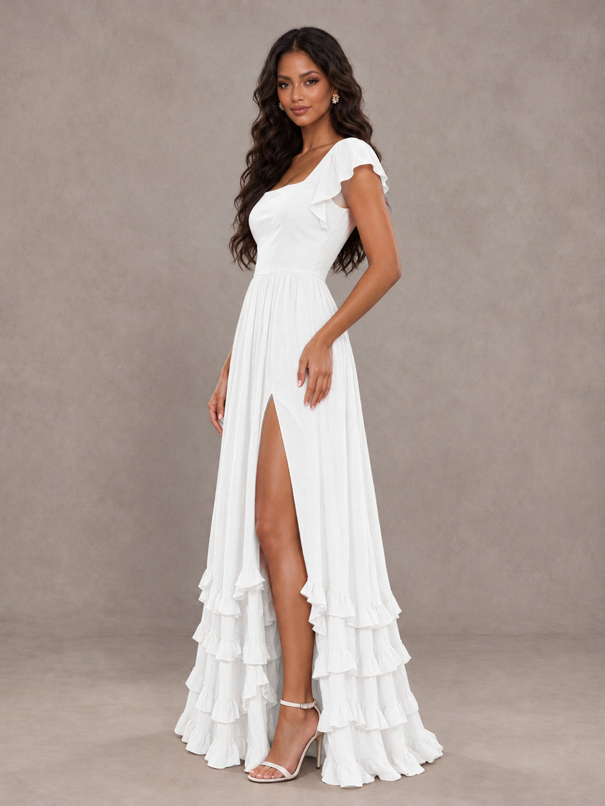 BOLODOO White Flutter Sleeve Ruffle Bridesmaid Dress with Slit - White - White (3)