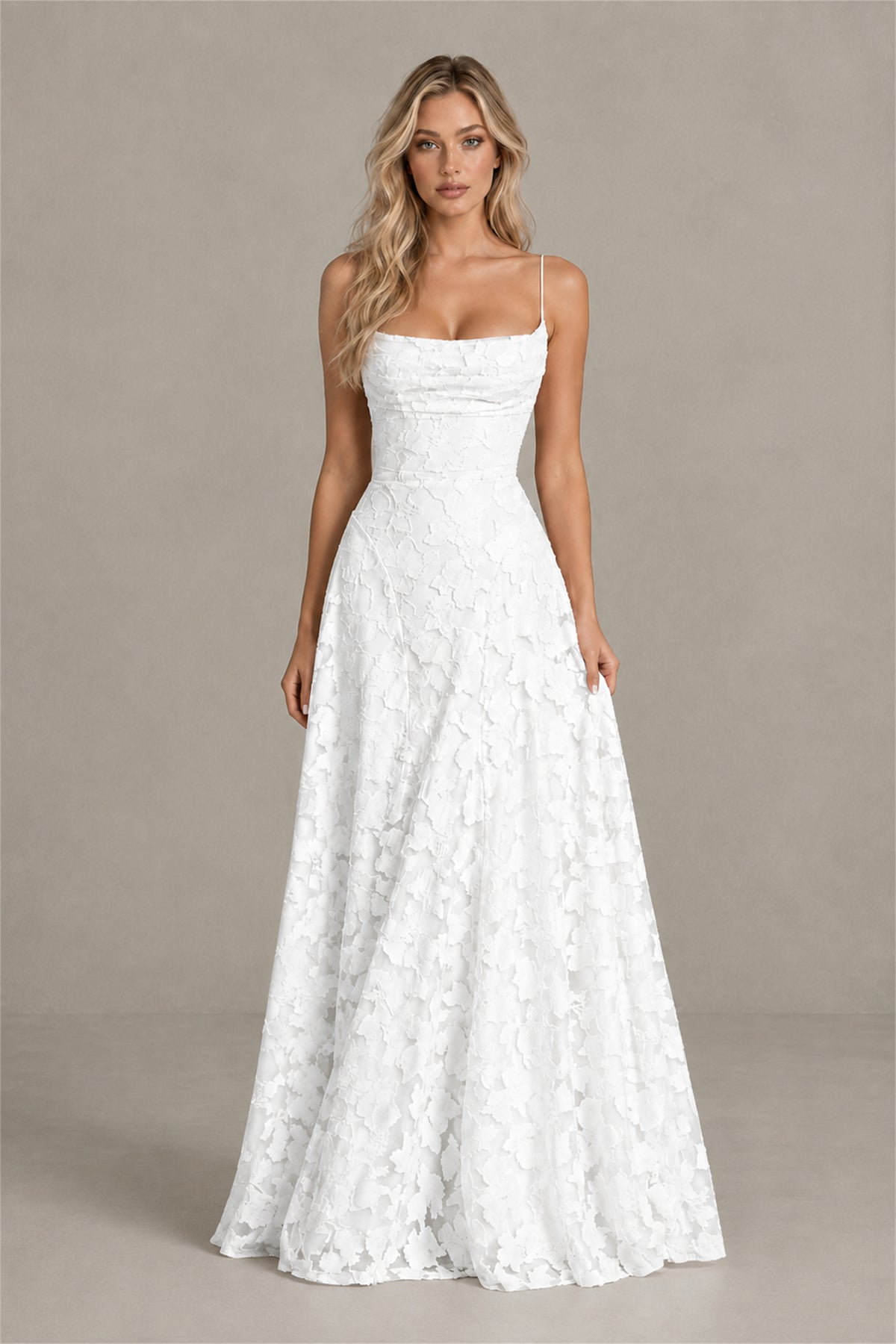 BOLODOO White Floral Appliqué Lace-Up Back Maxi Dress - White