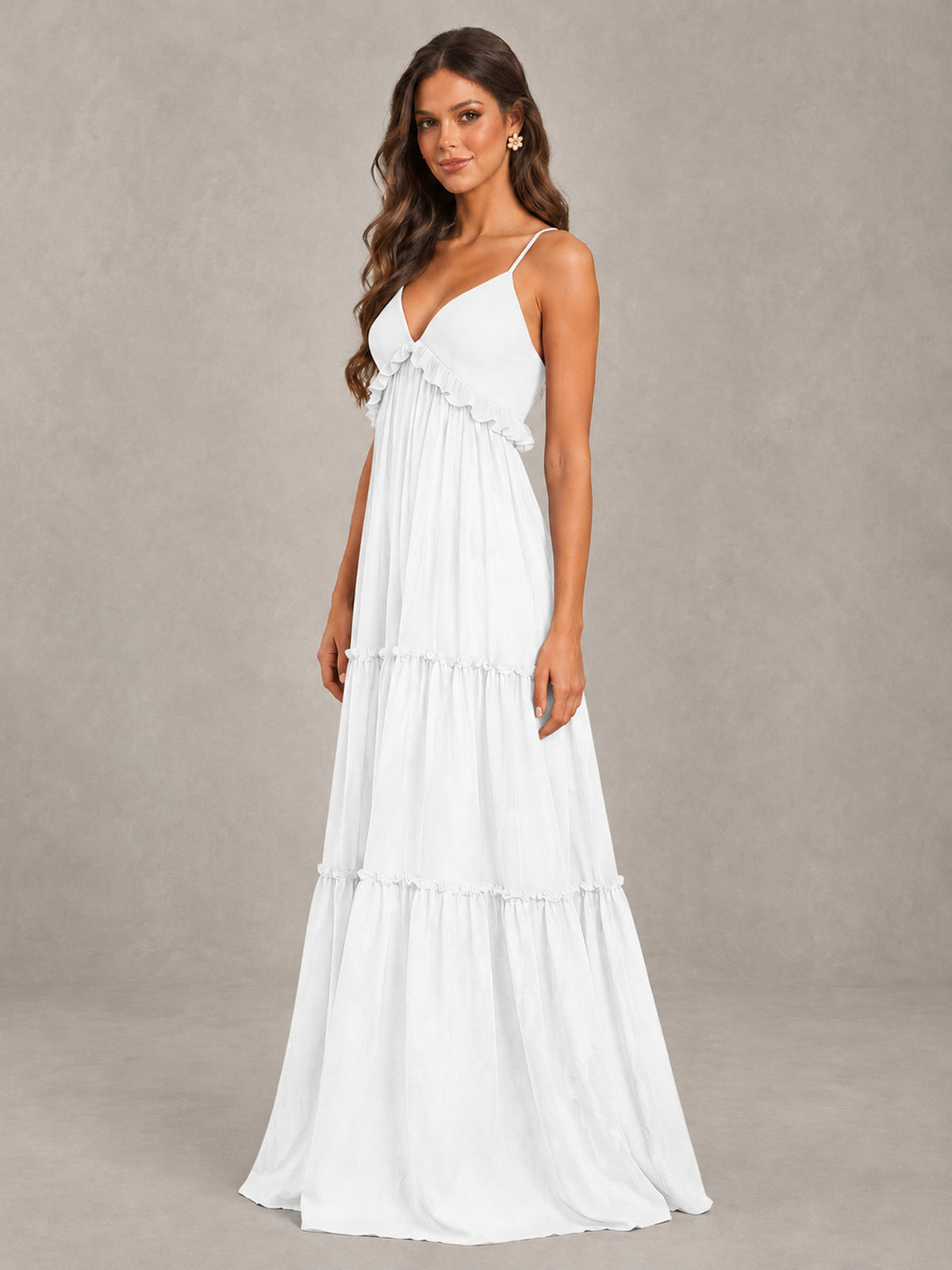 BOLODOO White Tiered V-Neck Lace-Up Back Bridesmaid Dress - White - White (3)