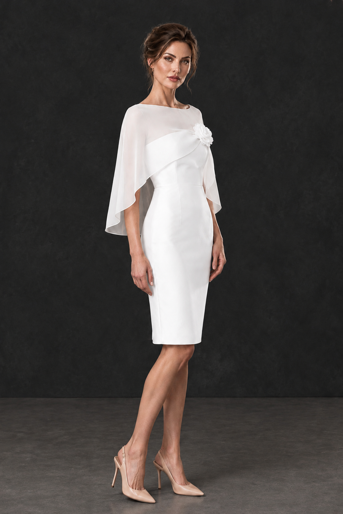 BOLODOO White Cape Knee-Length Mother of the Bride Dress - White - White (3)
