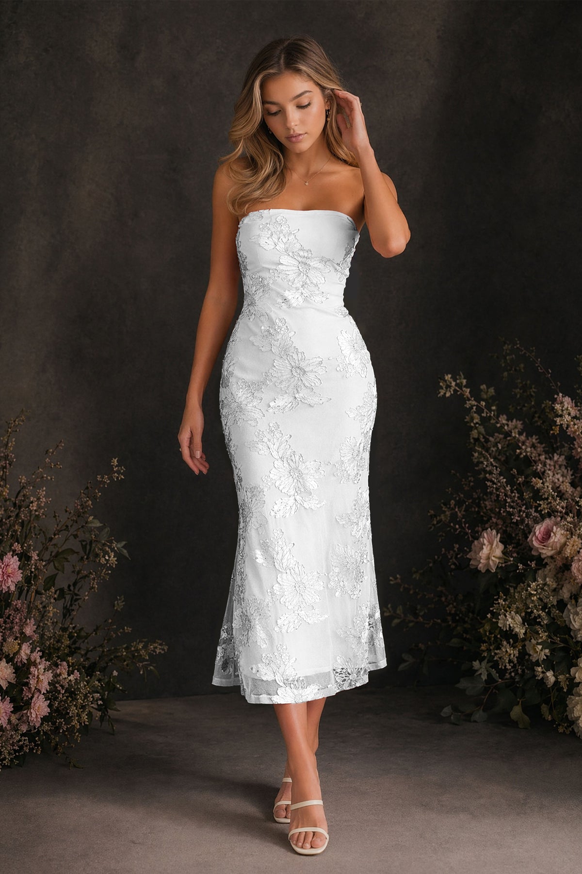 BOLODOO White Tonal Floral Embroidered Mesh Strapless Open Back Bodycon Midi Tea Length Dress - White
