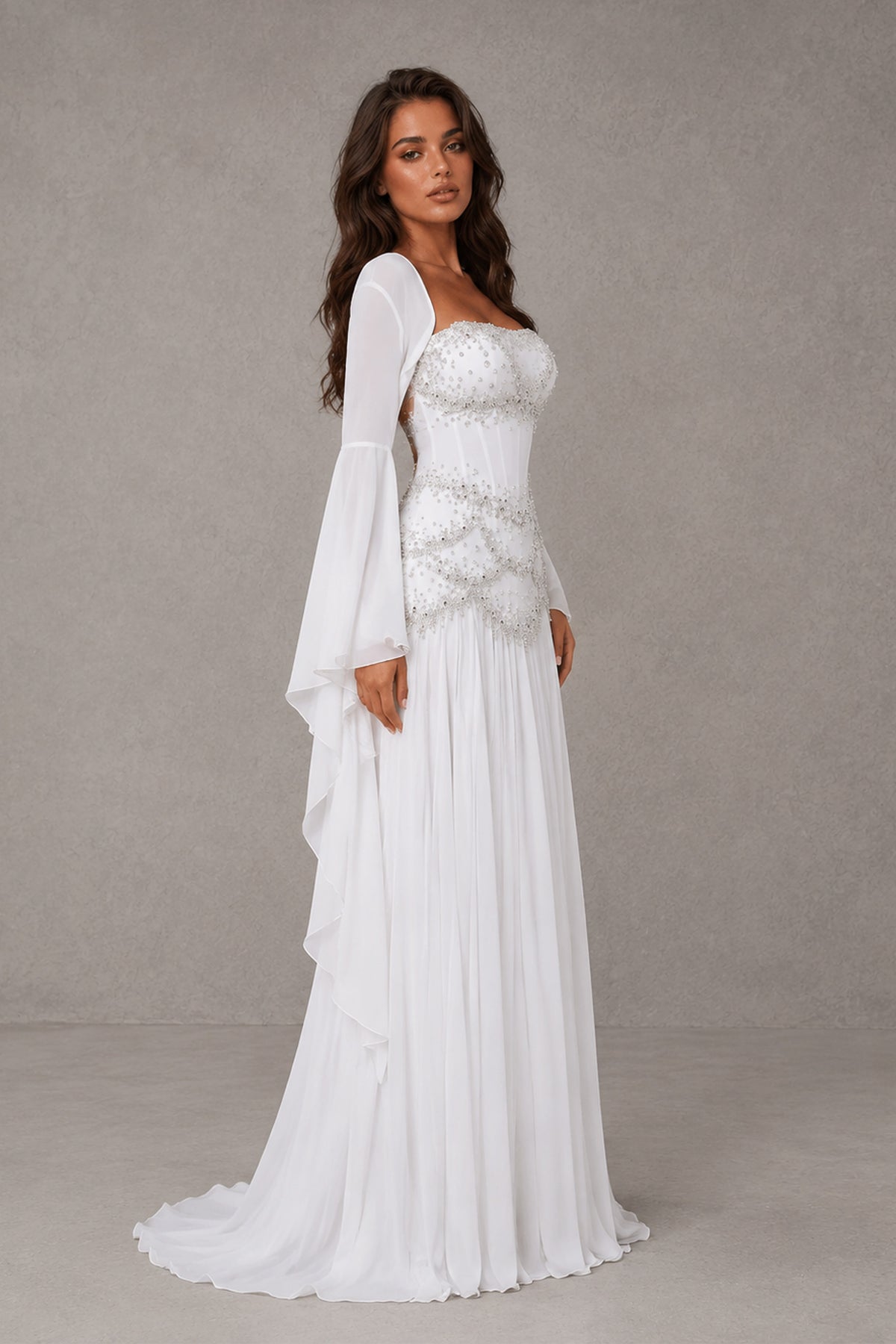 BOLODOO White Embellished Corset Gown with Long Bell Sleeves - White