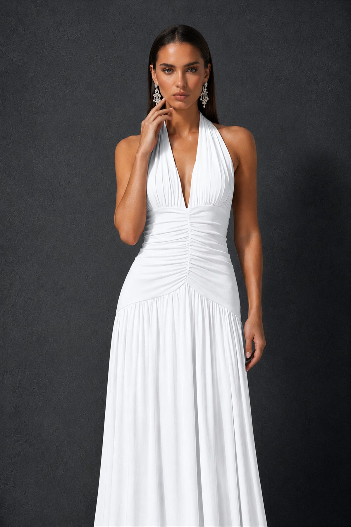 BOLODOO White Halter Deep V-Neck Ruched Chiffon Open Back Maxi Dress with Draped Neck Tie - White