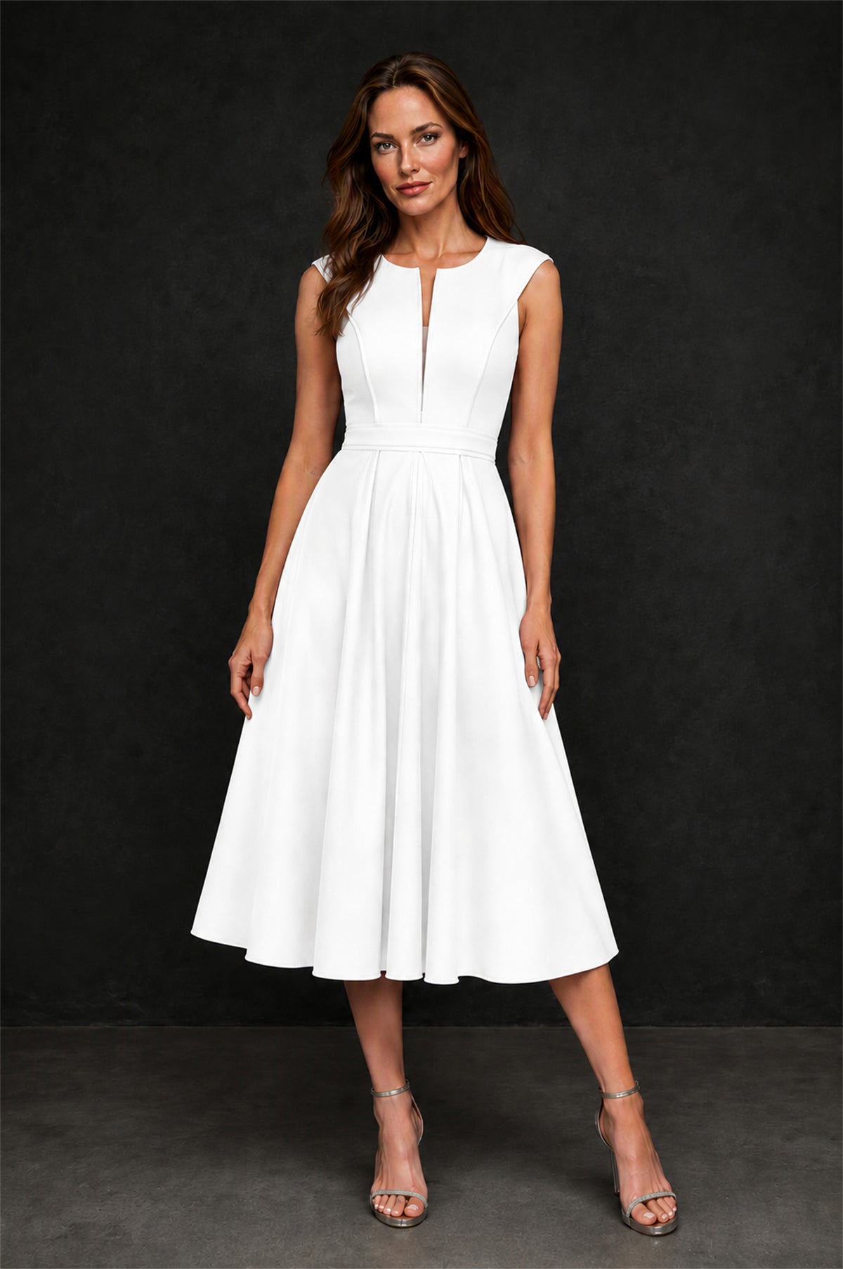 BOLODOO White 3D Rosette Appliqué 3/4 Sleeve Jacket & V-Notch Sleeveless A-Line Tea-Length Two-Piece Dress Set - White