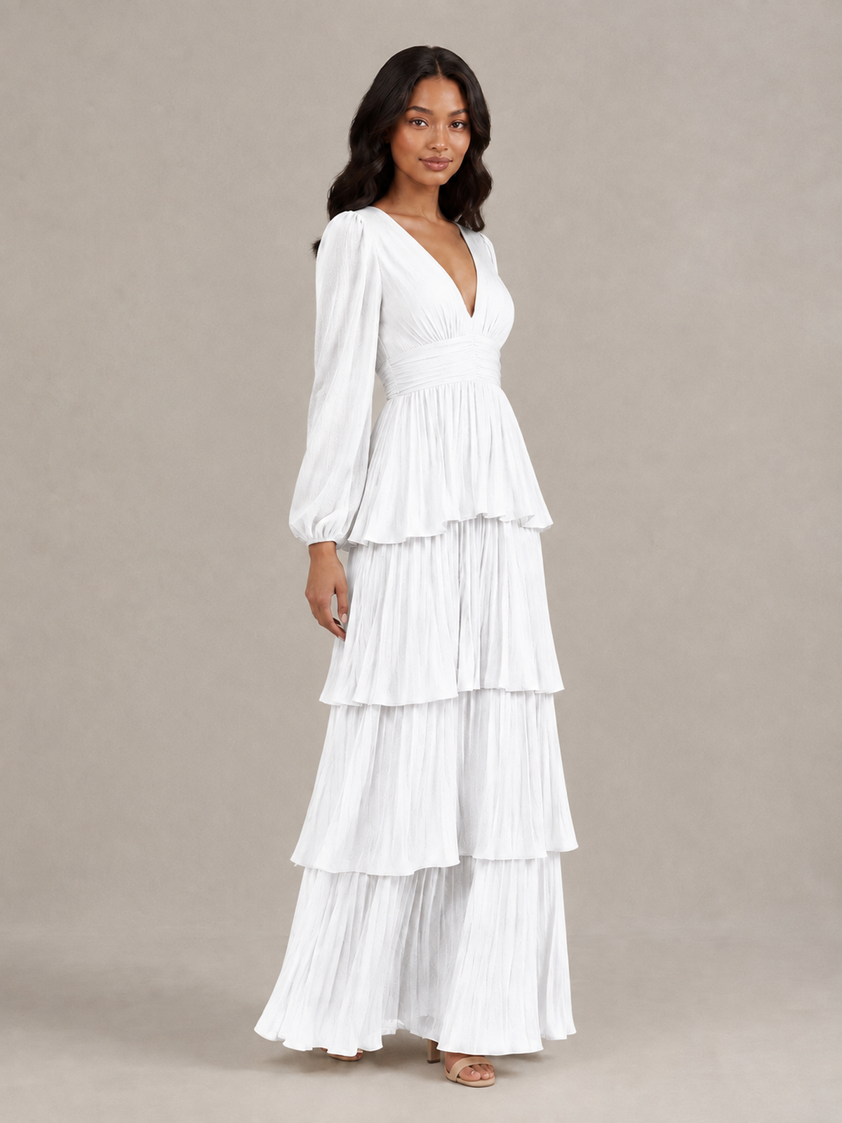 BOLODOO White Long-Sleeve Tiered Maxi Dress with Deep V-Neck - White