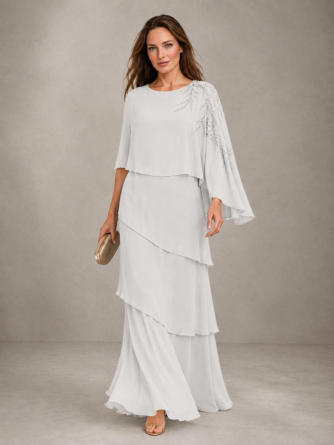 BOLODOO White Mocha Asymmetric Cape Sleeve White Sequin Embroidered Pearl Trim Tiered Chiffon Gown - White