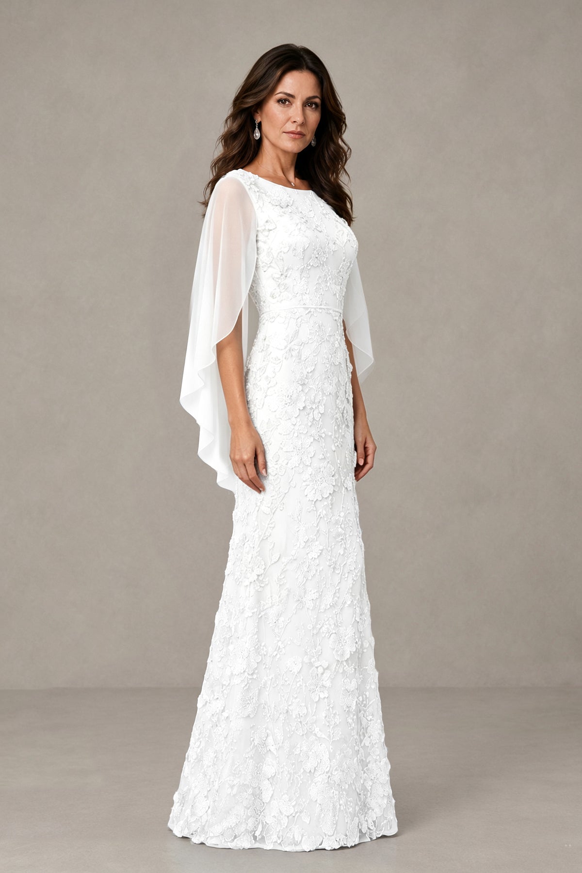 BOLODOO White Lace Mother of the Bride Dress with Cape Sleeves - White