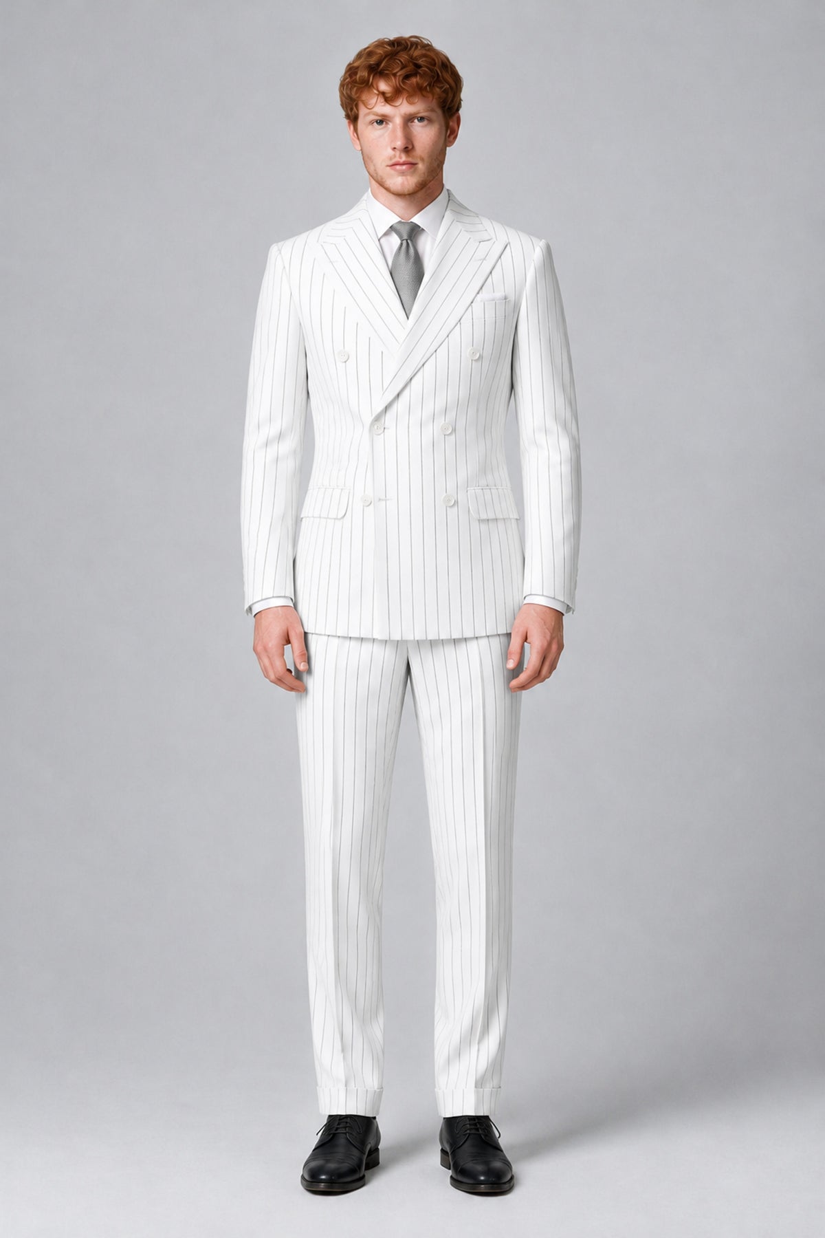 Bolodoo Men's White Pinstripe Double-Breasted 2-Piece Suit – Jacket & Trousers - White - White (3)