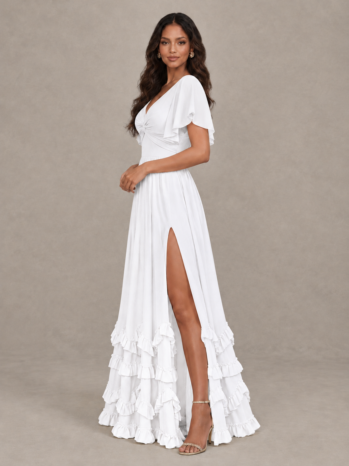 BOLODOO White V-Neck Flutter Sleeve Ruffle Bridesmaid Dress with Slit - White - White (3)