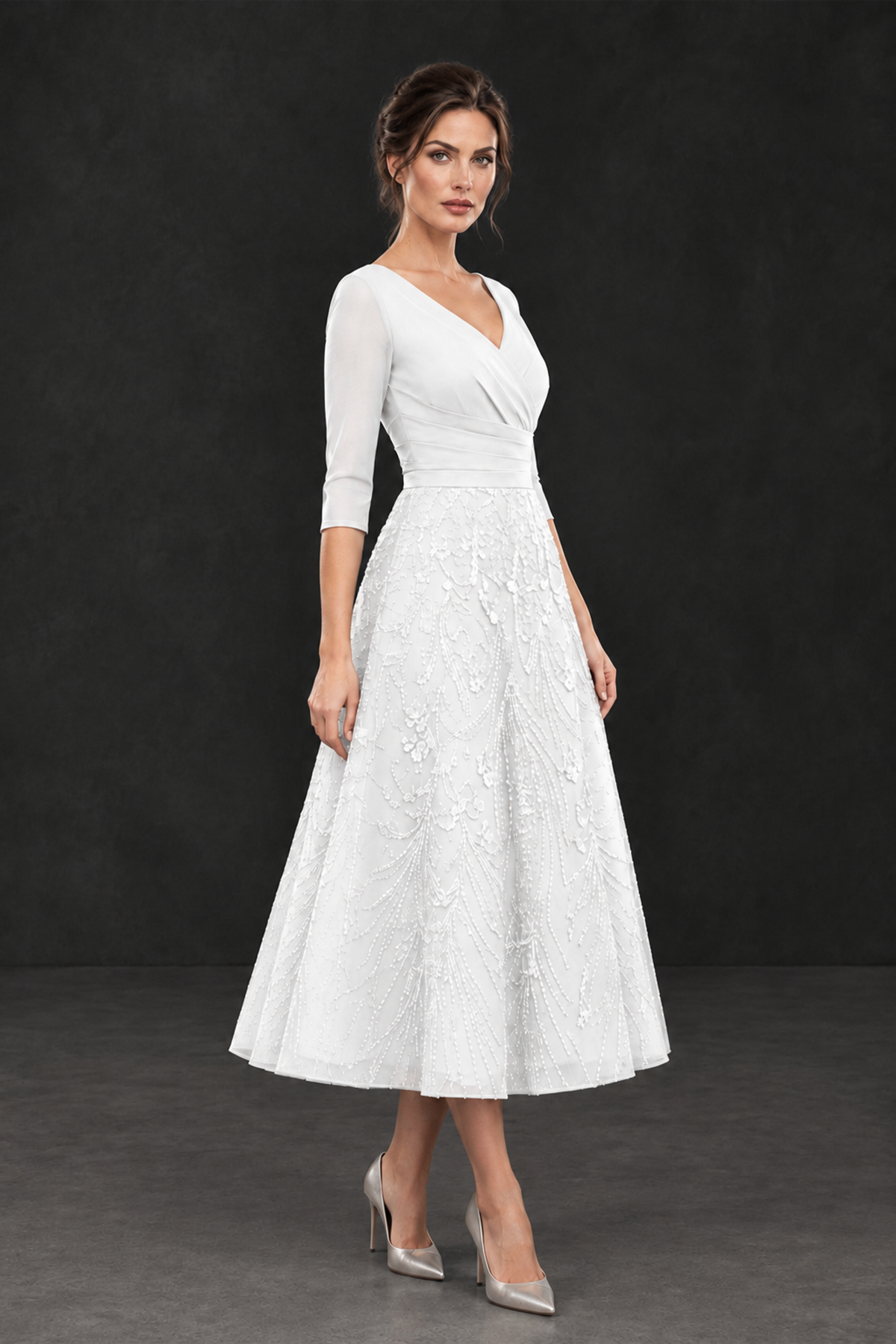 BOLODOO White V-Neck Tea-Length Lace Mother of the Bride Dress - White