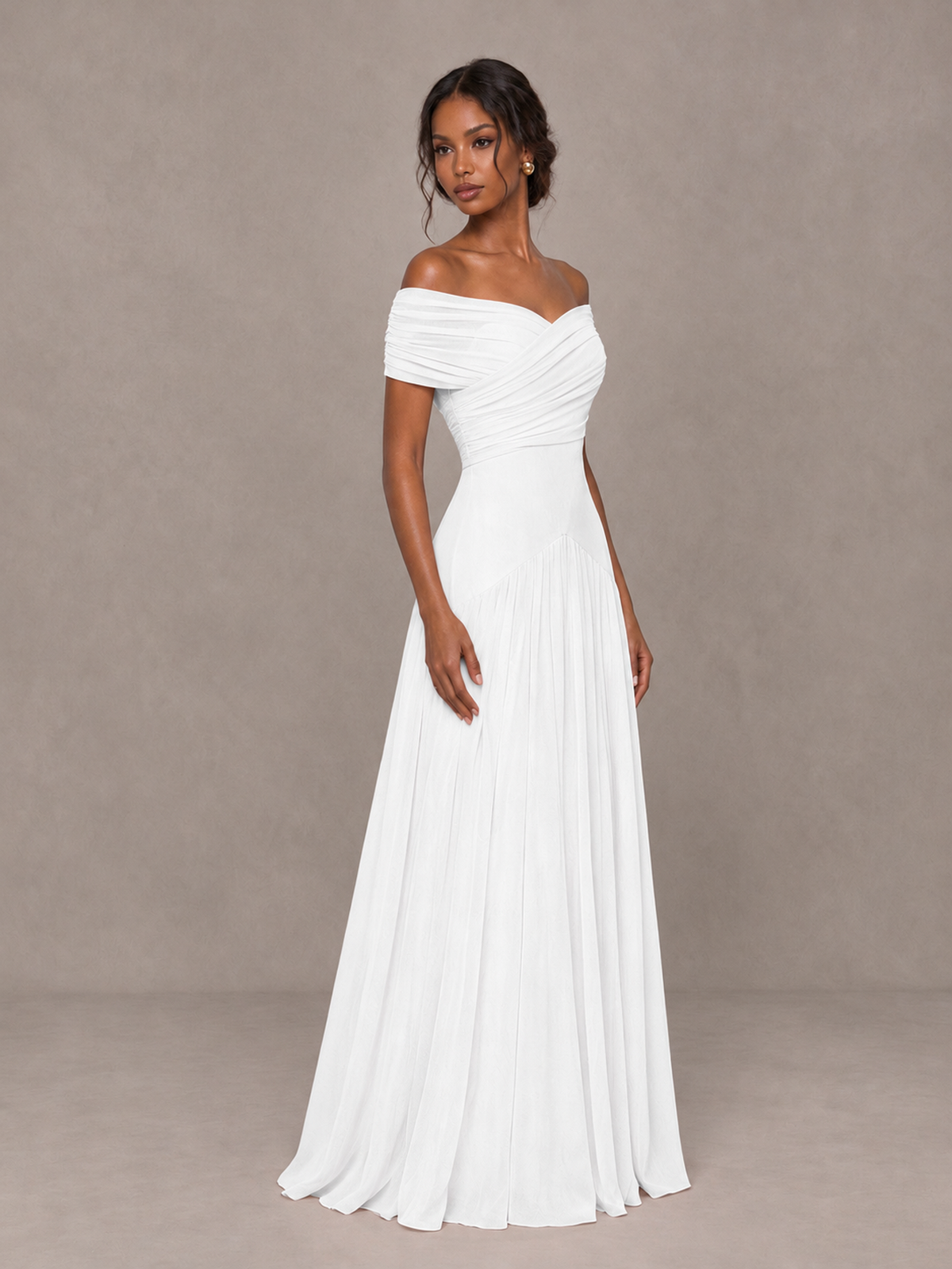 BOLODOO White Off-Shoulder Ruched A-Line Bridesmaid Dress - White - White (3)