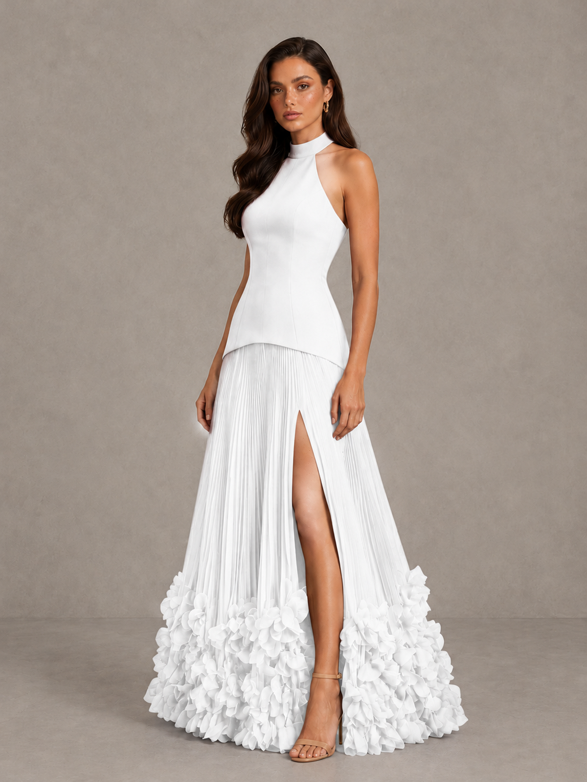 BOLODOO White Halter Neck Floor-Length Evening Gown with High Slit & 3D Floral Hem - White - White (3)