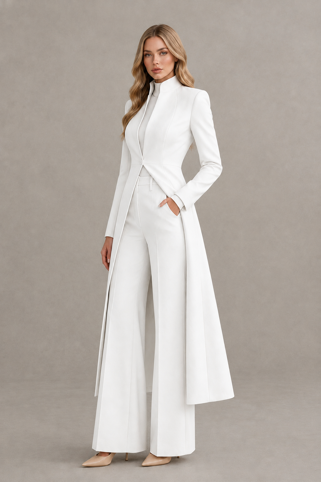 BOLODOO White Longline Jacket Wide-Leg Formal Pantsuit - White