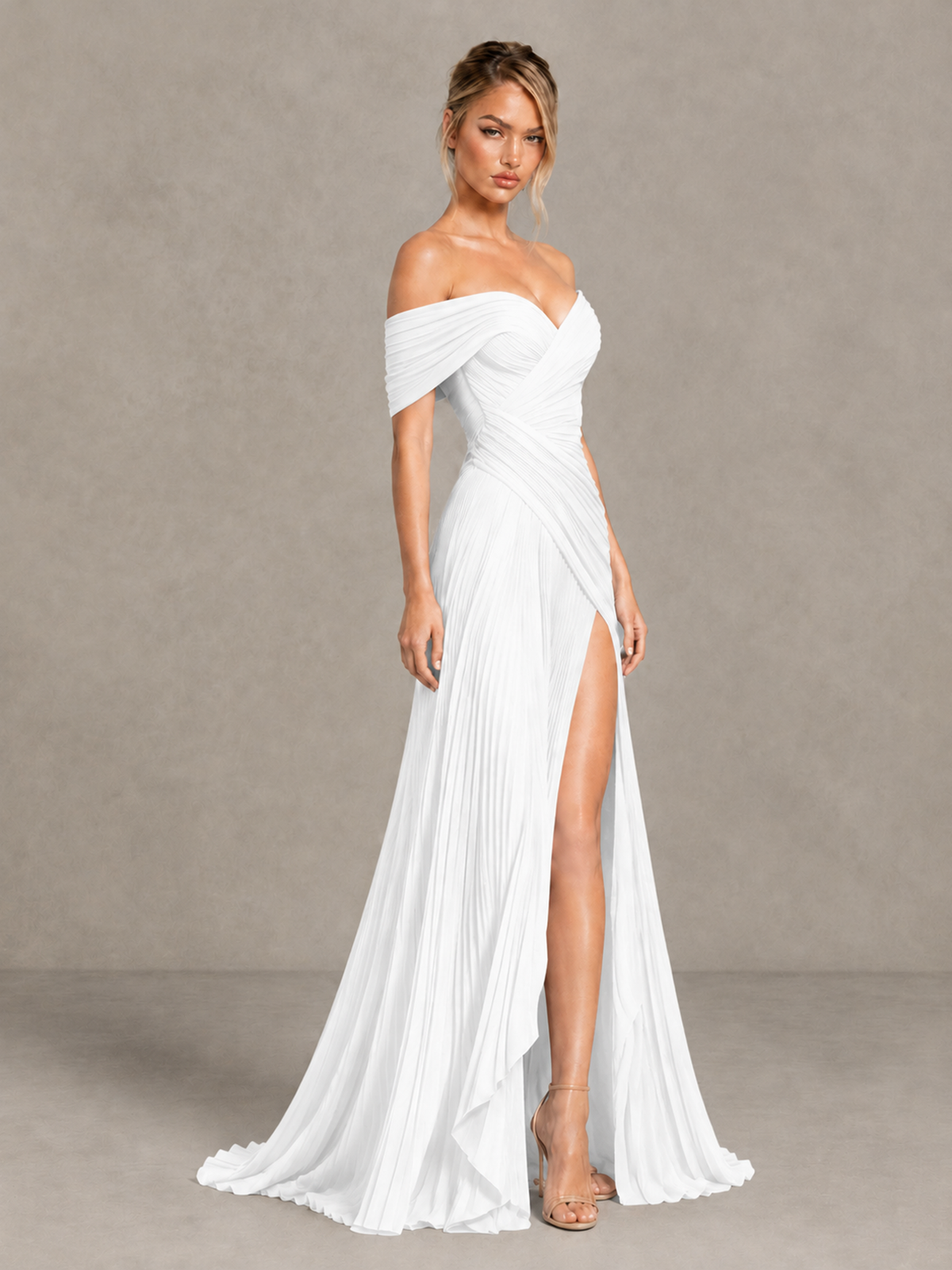BOLODOO White Off-Shoulder Ruched Pleated Maxi Dress with High Slit - White - White (3)