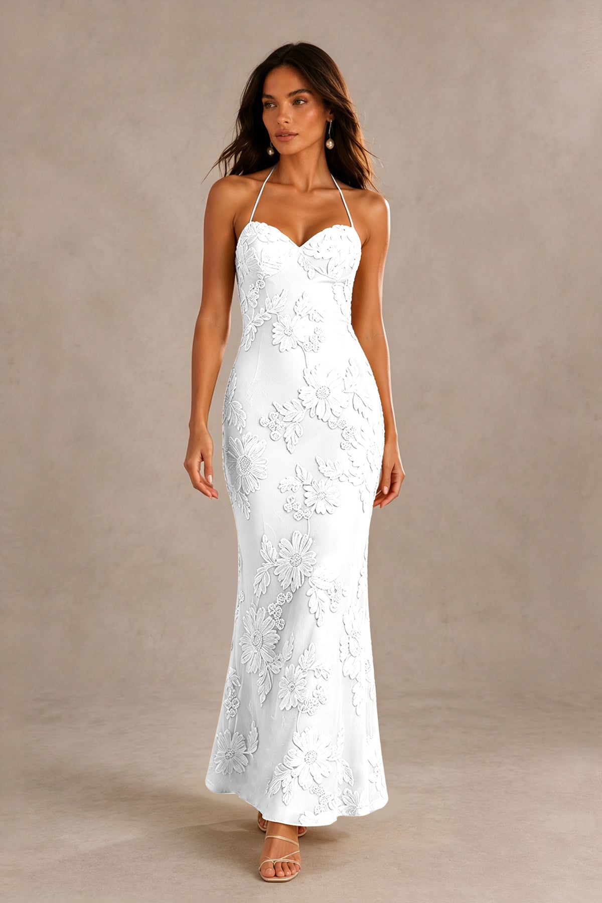 BOLODOO White Halter Sweetheart Floral Embroidered Lace-Up Open Back Maxi Dress | BD0257 - White