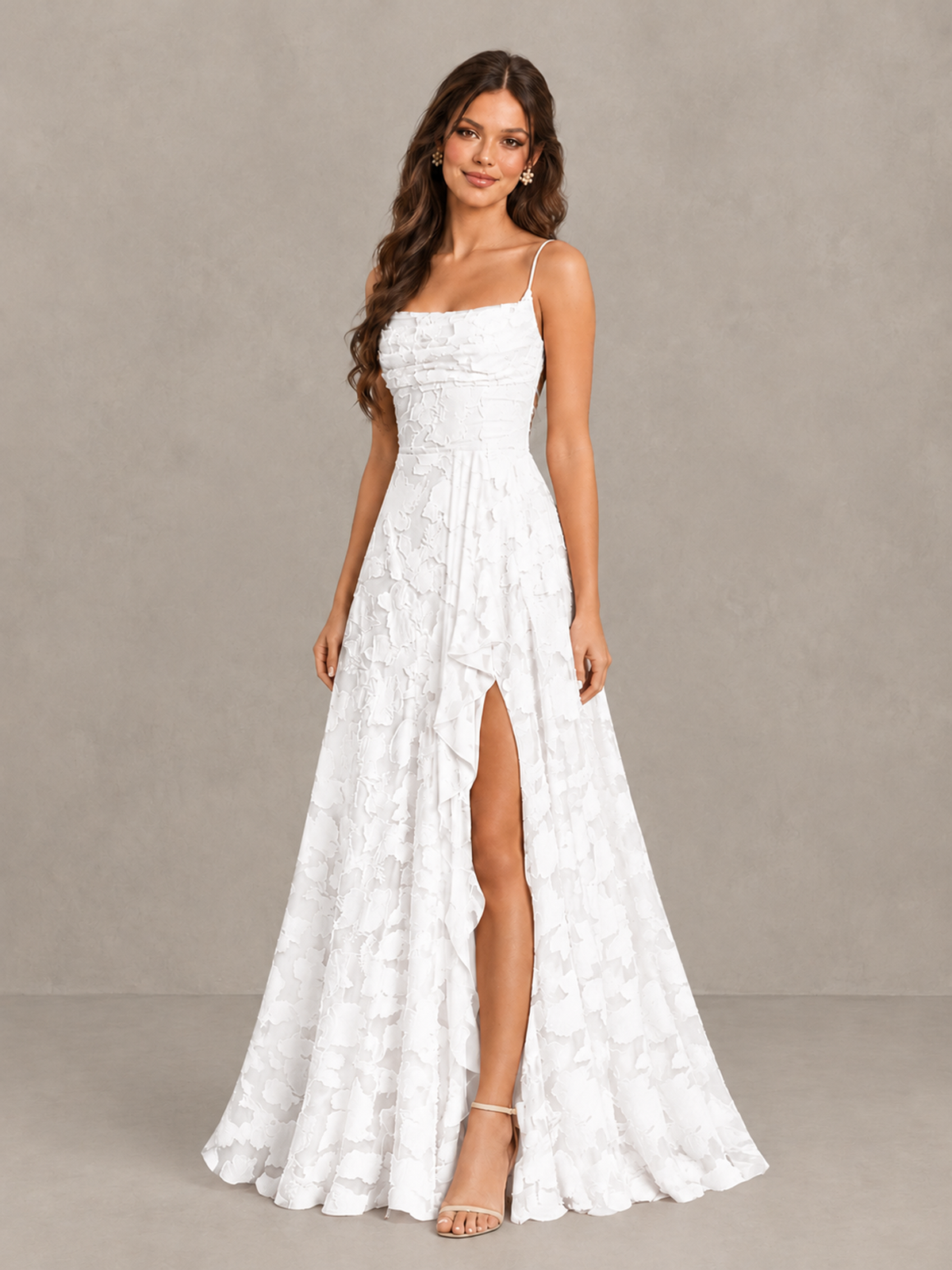 BOLODOO White Floral Appliqué Slit Maxi Dress - White - White (3)