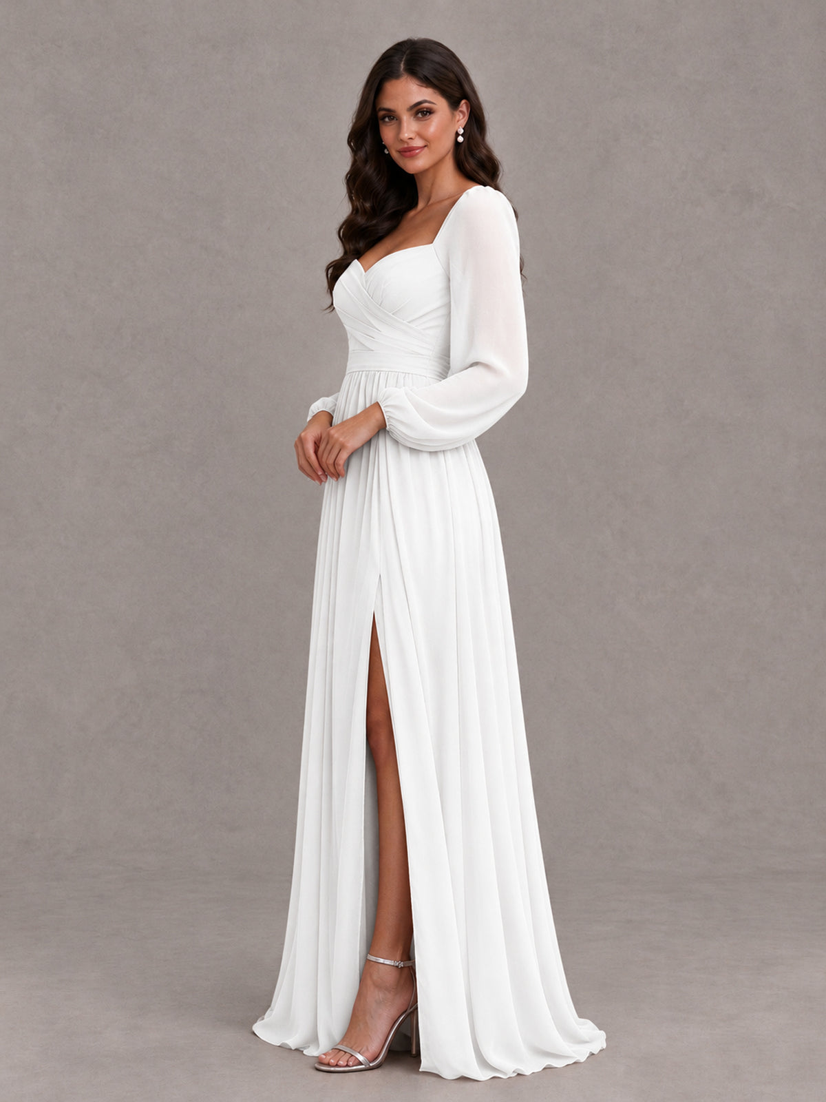 BOLODOO White Long Sleeve Chiffon Bridesmaid Dress with Slit - White - White (3)