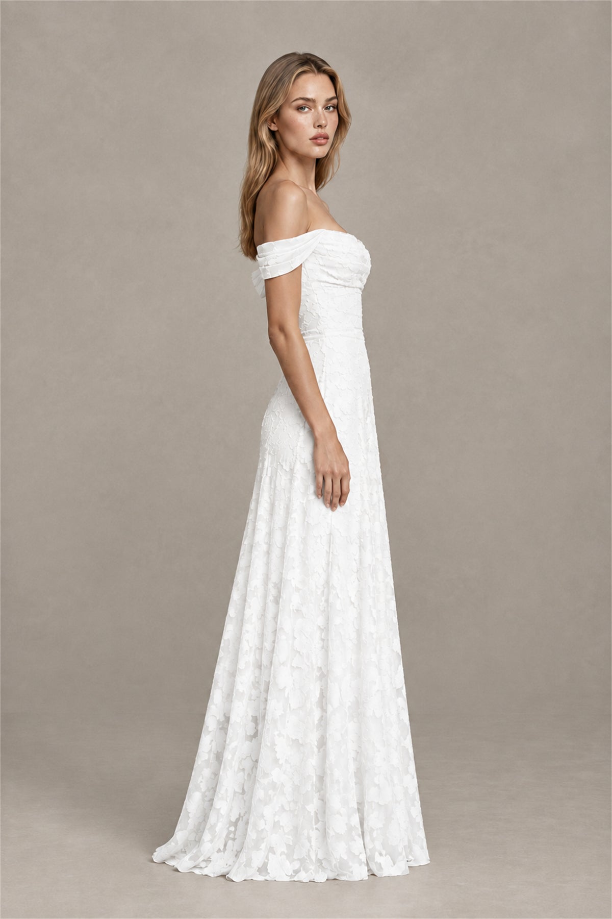 BOLODOO White Off-Shoulder Pleated A-Line Maxi Dress Floral - White
