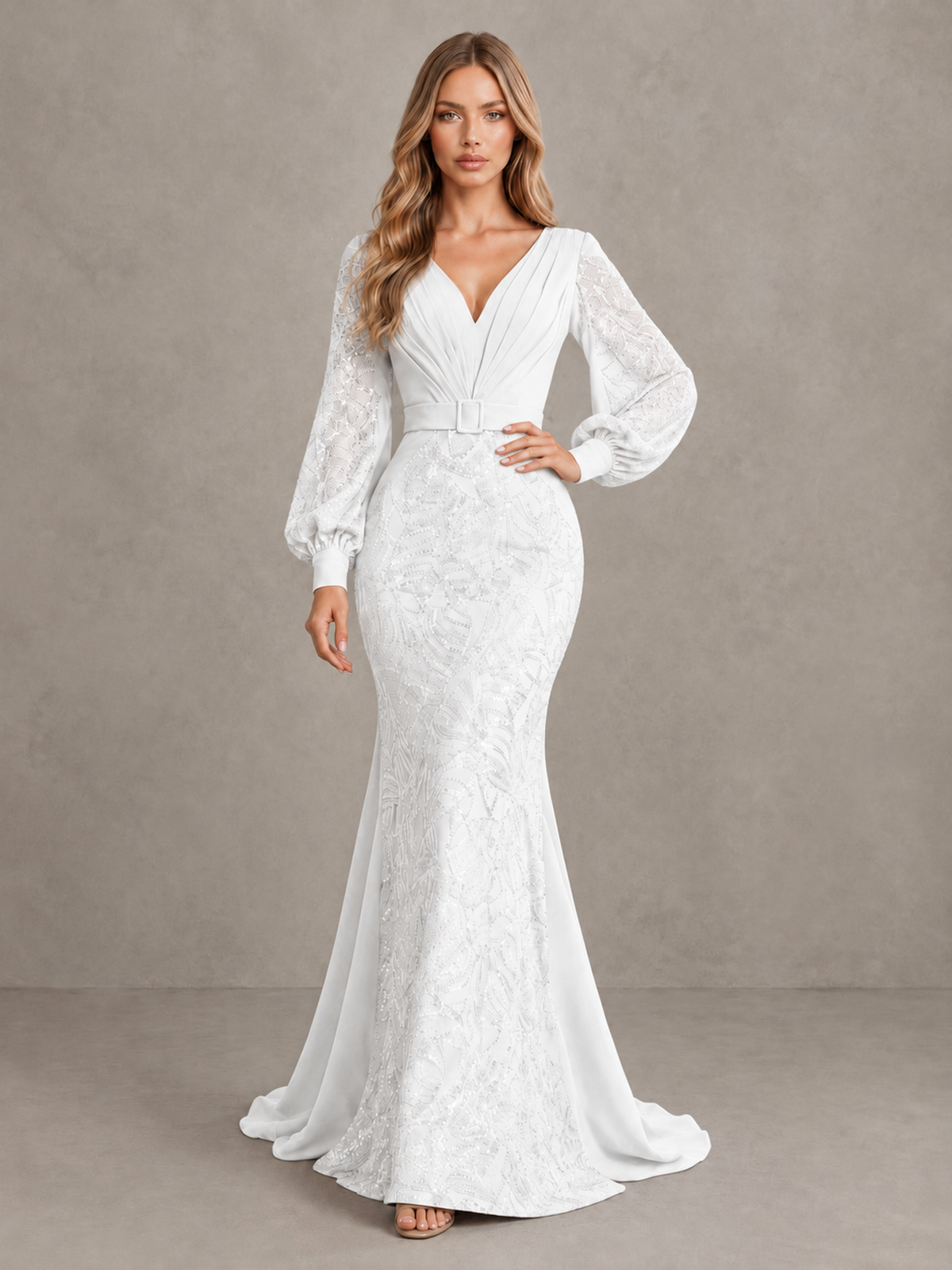 BOLODOO White Sequin Long Bishop Sleeve Mermaid Evening Dress - White - White (3)