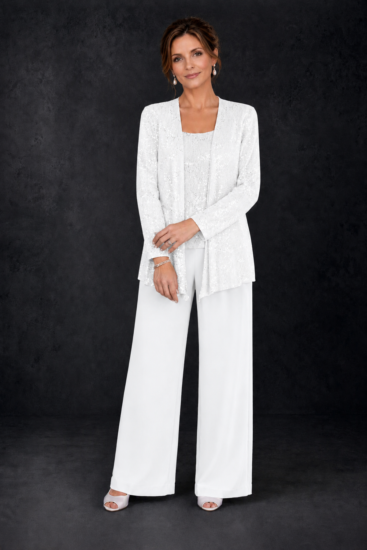 BOLODOO White Sequin Lace 3-Piece Pant Suit with Long Sleeve Jacket - White - White (3)