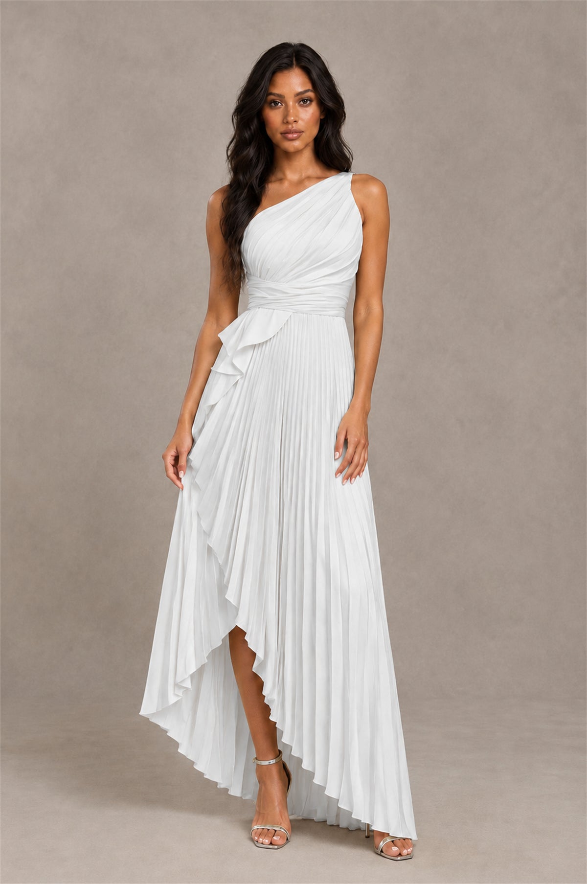 BOLODOO White One-Shoulder High-Low Ruffle Maxi Dress - White