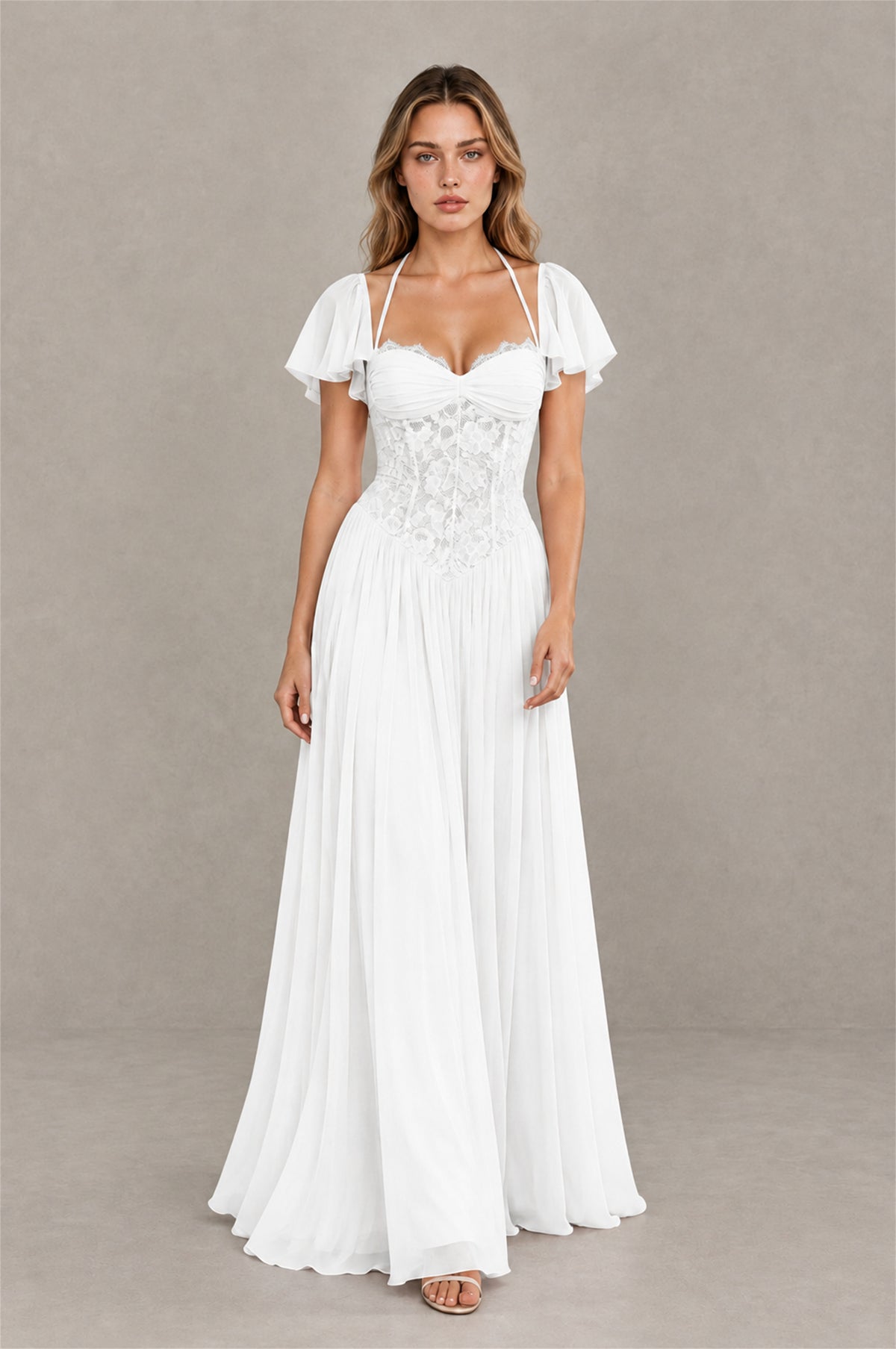 BOLODOO White Flutter Sleeve Lace Corset A-Line Maxi Dress - White - White (3)