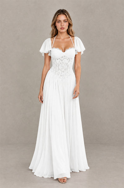 BOLODOO White Flutter Sleeve Lace Corset A-Line Maxi Dress - White - White (3)