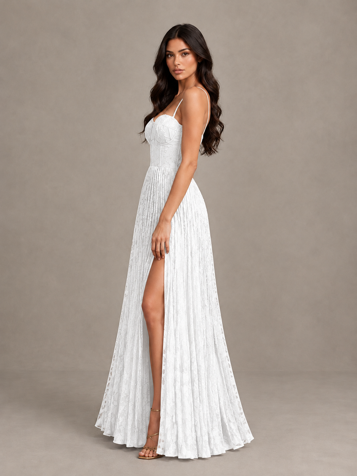 BOLODOO White Pleated Bridesmaid Dress with Sweetheart Neckline & Slit - White - White (3)