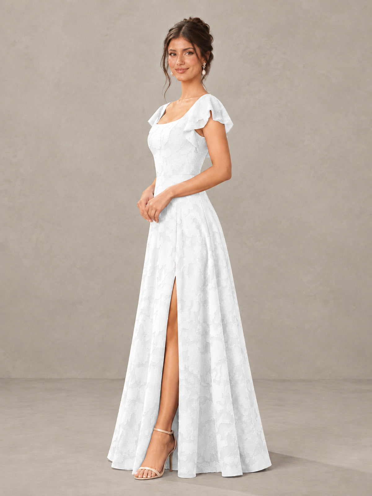 BOLODOO White Floral Flutter Sleeve Bridesmaid Dress with Slit - White - White (3)