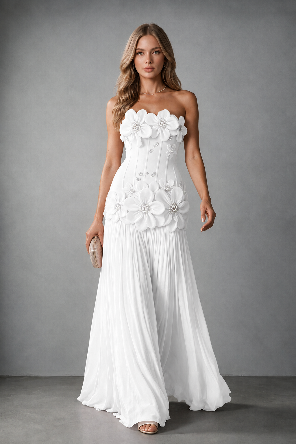BOLODOO White Strapless Floral Appliqué Evening Gown - White