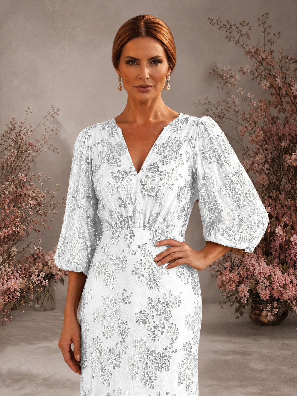 BOLODOO White V-Neck Lantern Sleeve All-Over Sequin Floral Embroidered Mermaid Gown - White