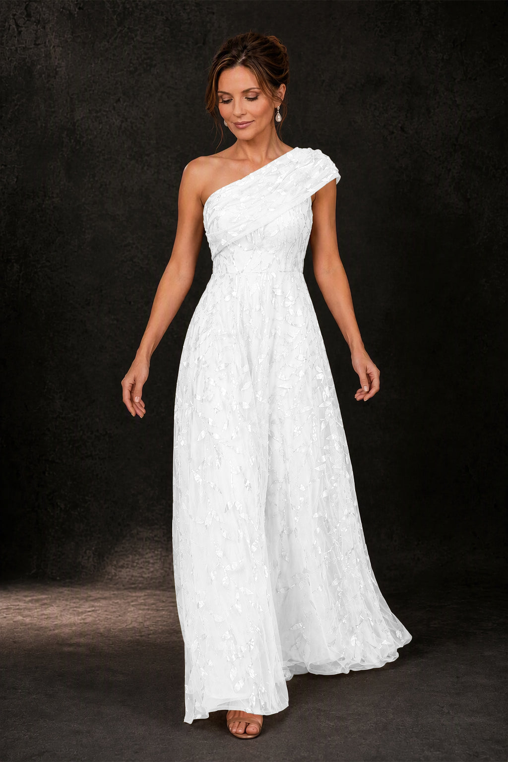 BOLODOO White Leaf Sequin One-Shoulder A-Line Maxi Gown – Mother of the Bride & Formal Evening Dress - White