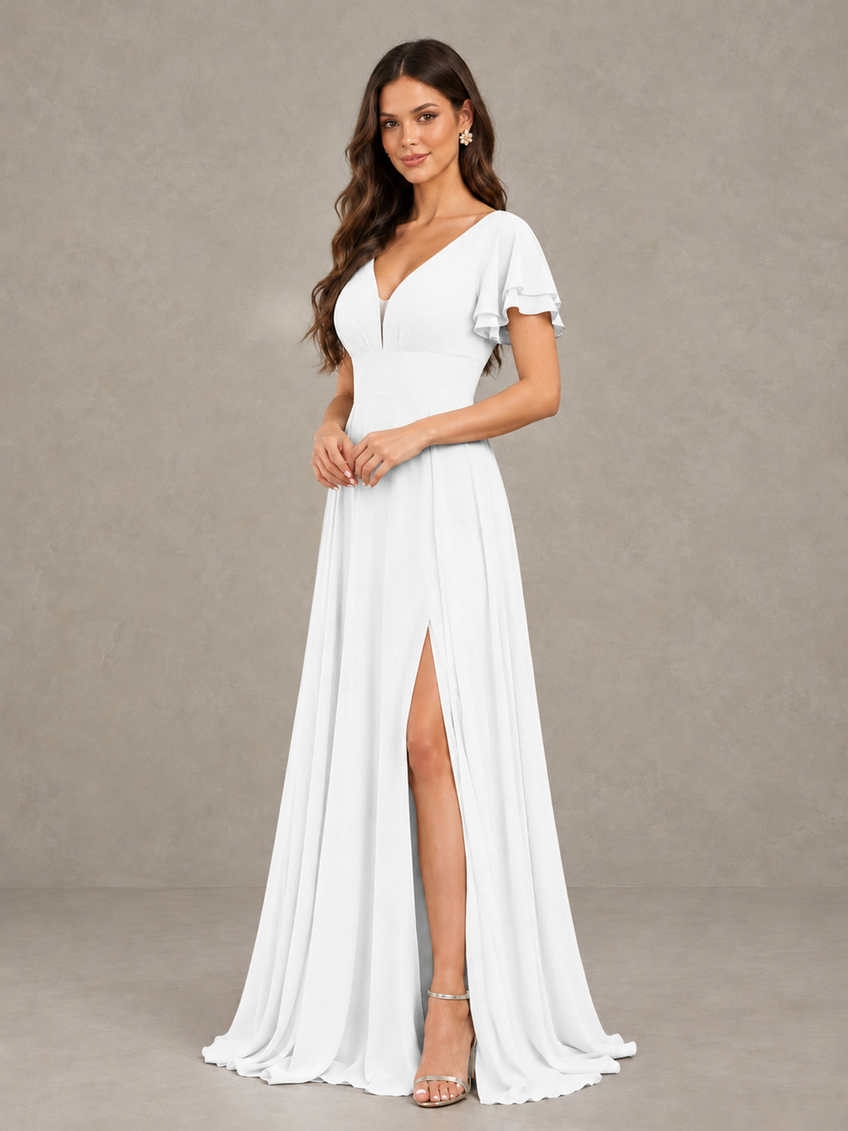 BOLODOO White Flutter Sleeve Chiffon A-Line Maxi Bridesmaid Dress with Open Back & Slit - White - White (3)