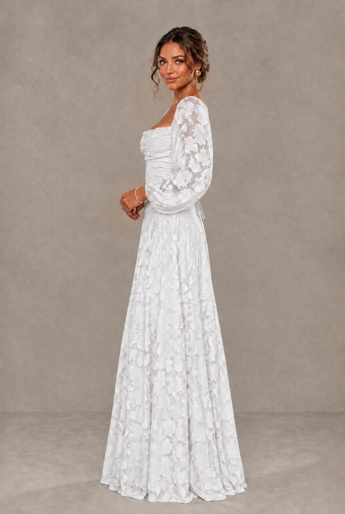 BOLODOO Floral White Long Sleeve A-Line Dress with Lace-Up Back - White